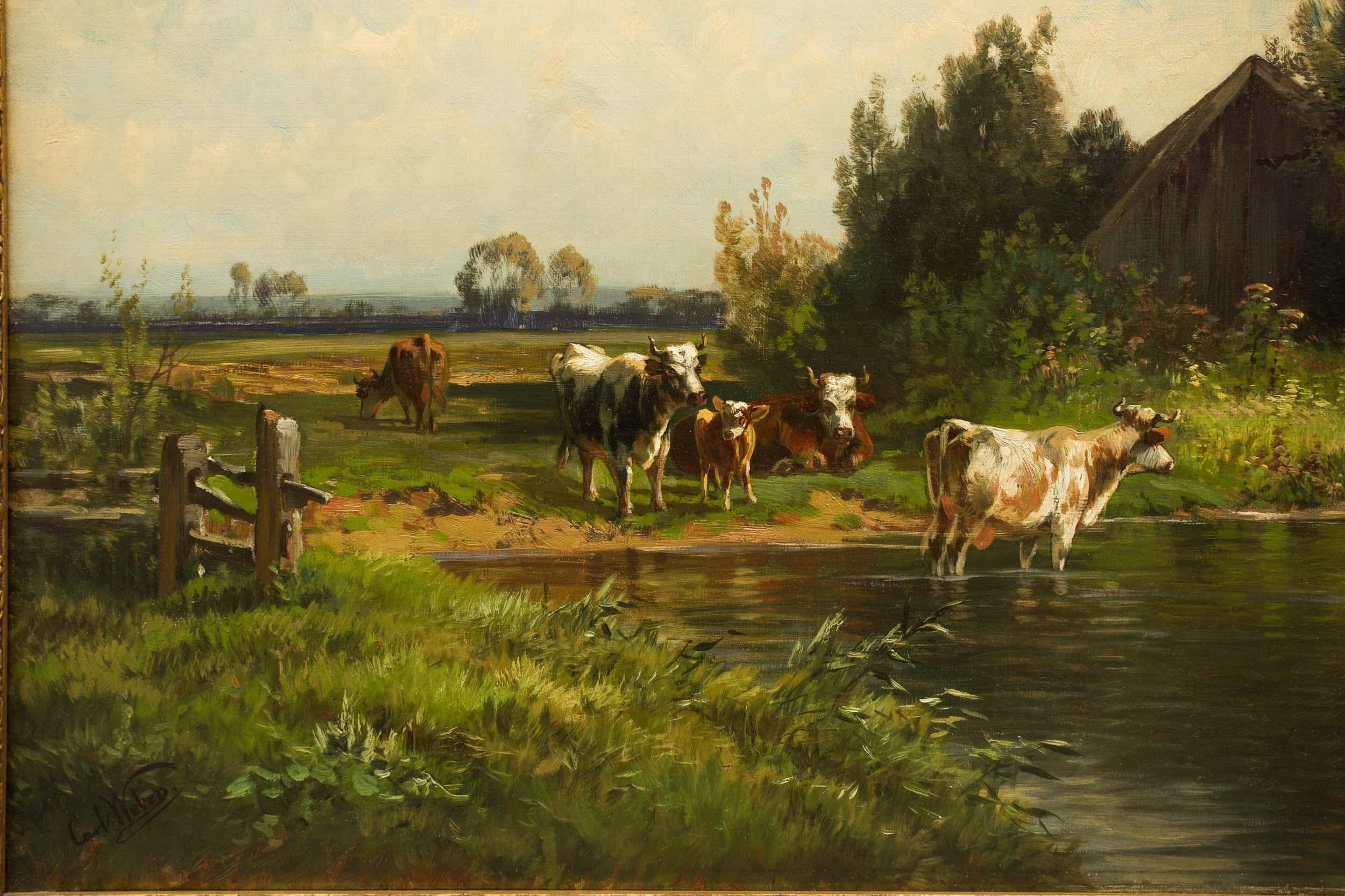 Barbizon School Bucolic Landscape Painting of Cattle by Carl Weber
