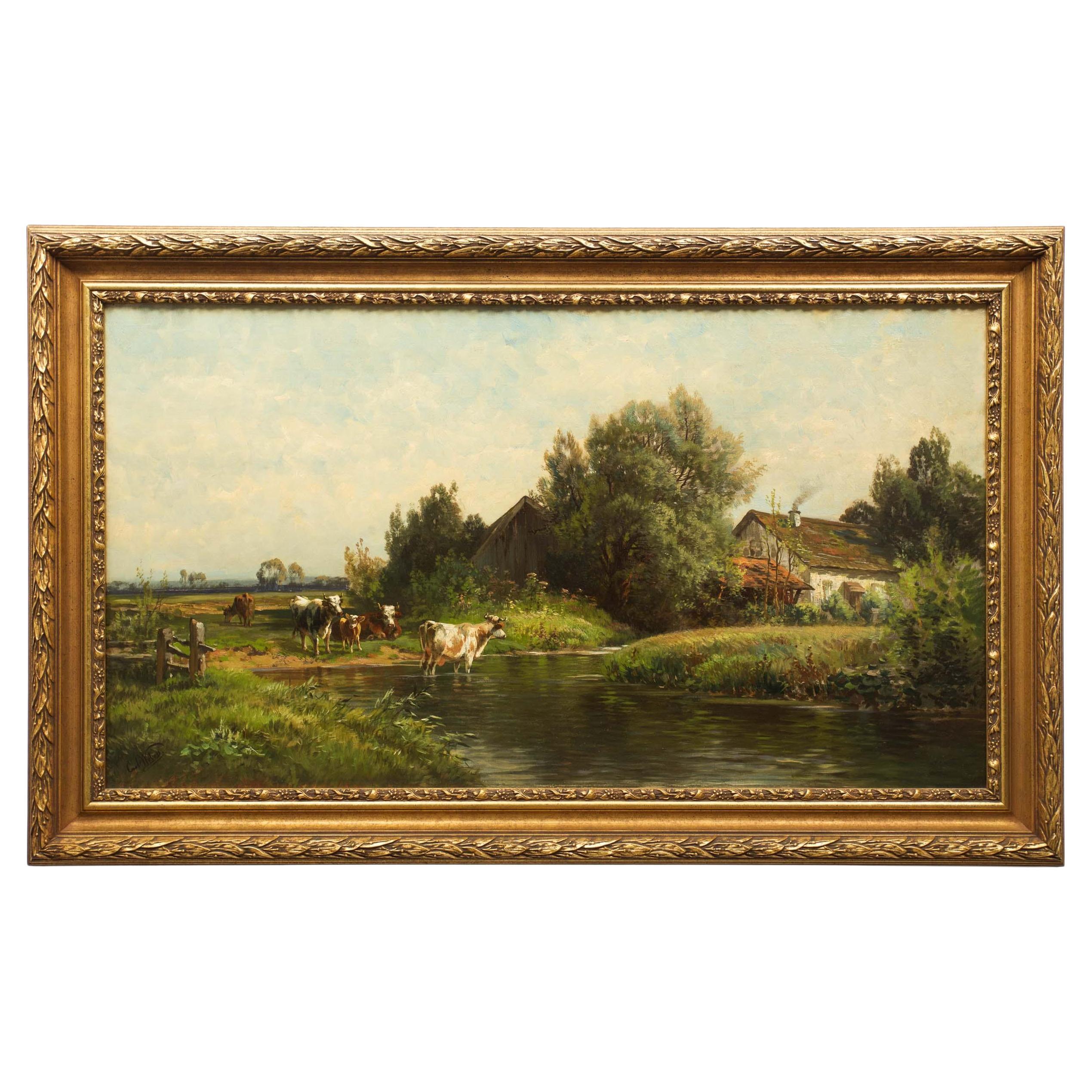 Bucolic Landscape Painting of Cattle by Carl Weber