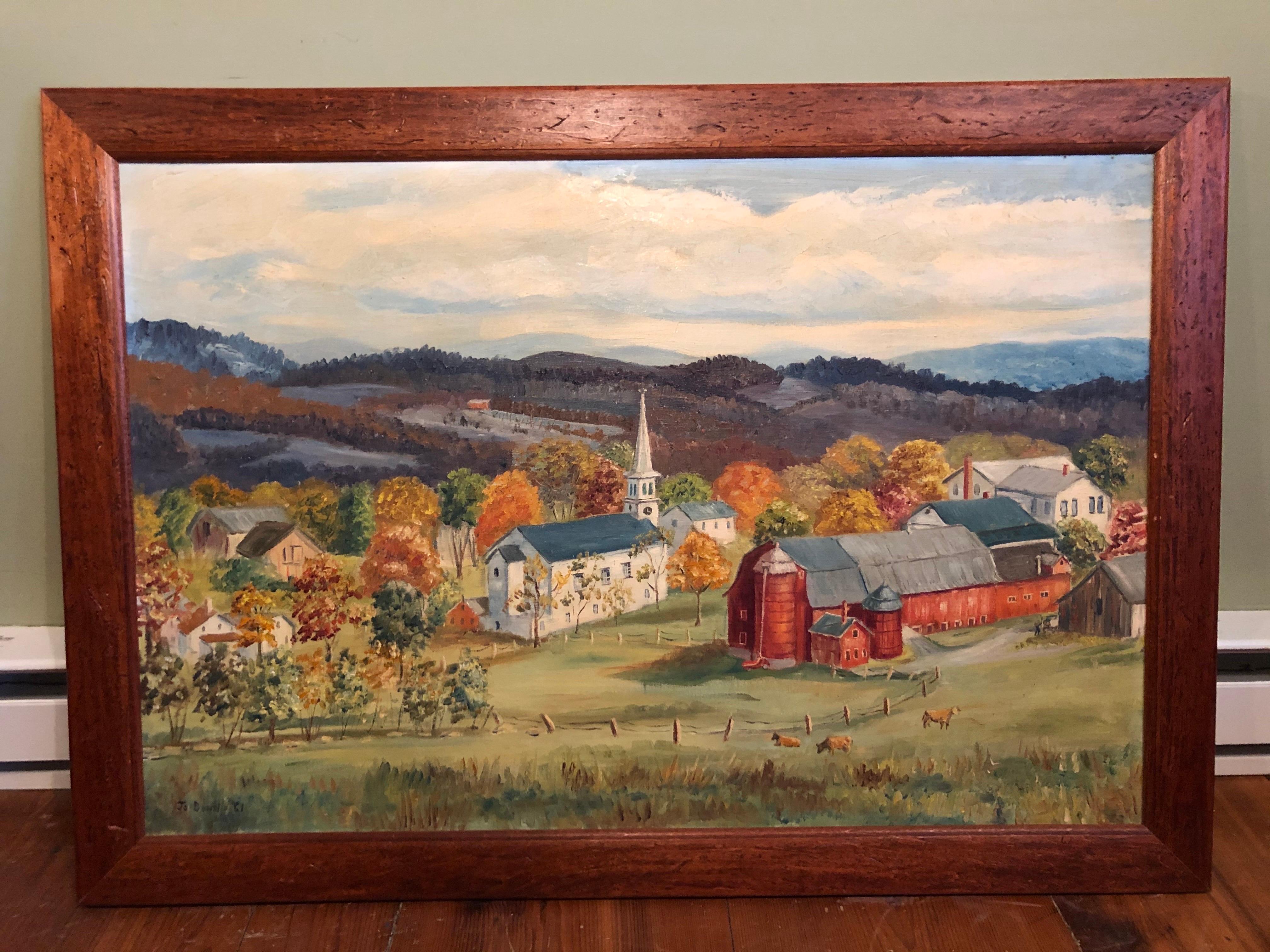 Pastoral agrícola bucólica de Nueva Inglaterra por Josephine Bonello . 
Artista de Connecticut (1919-2014). Bonita y amplia composición de pueblo agrícola con extensos campos, graneros de iglesia y ganado.  Típica escena de Nueva Inglaterra.