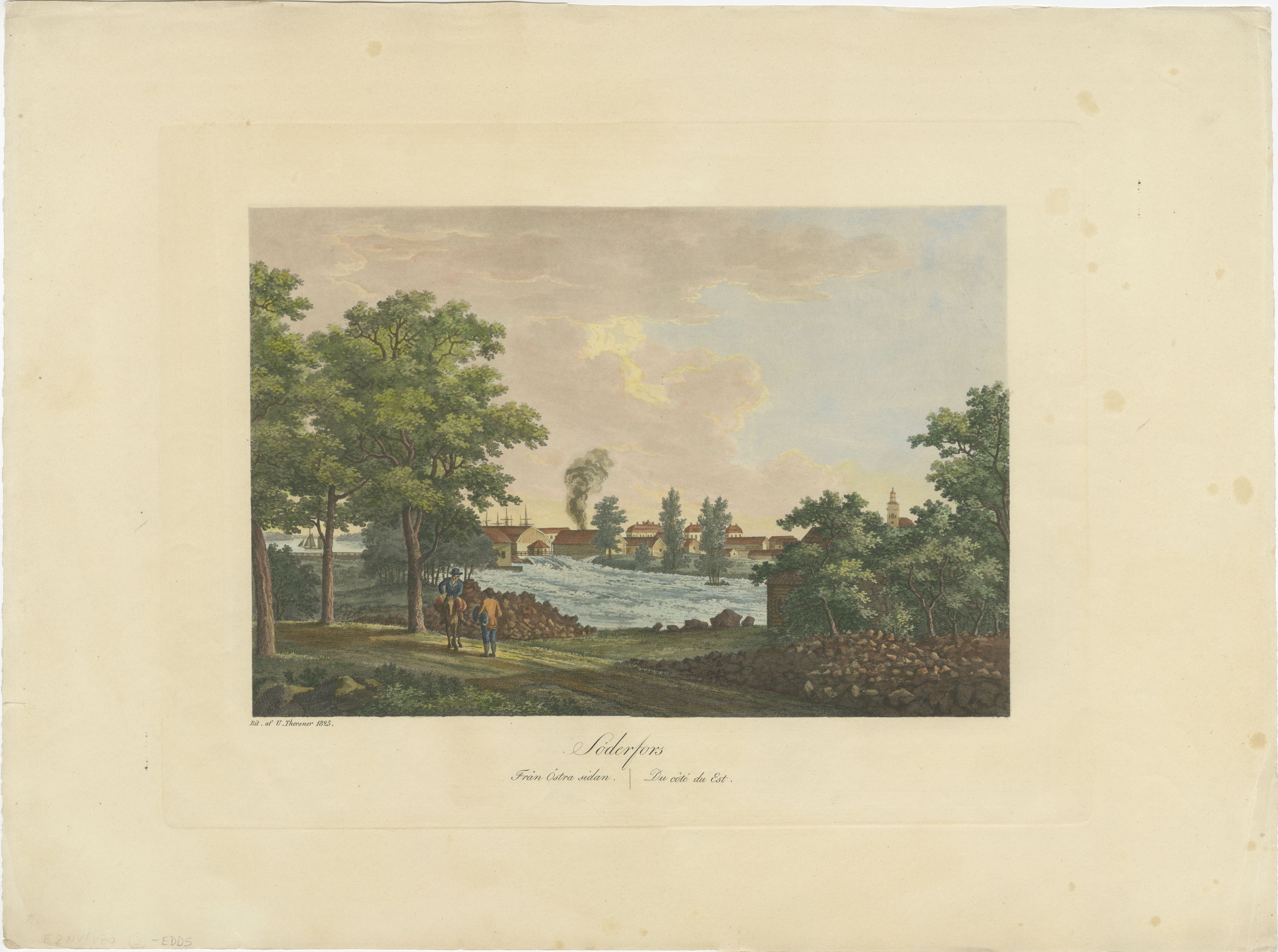 This original antique aquatint is a picturesque depiction of Söderfors, a place likely to be in Sweden, given the naming convention and style of the artwork. Crafted by Ulrik Thersner in 1825, the image portrays a vibrant, pastoral scene set by a