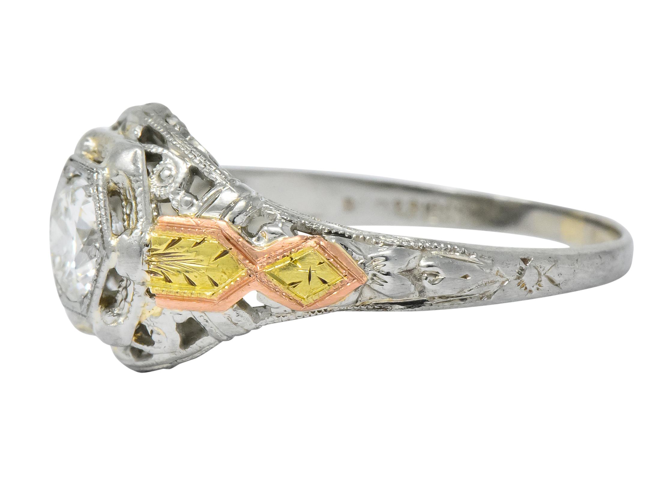 Women's or Men's Bud & Blossom Art Deco Diamond 14 Karat Tri-Colored Gold Engagement Ring