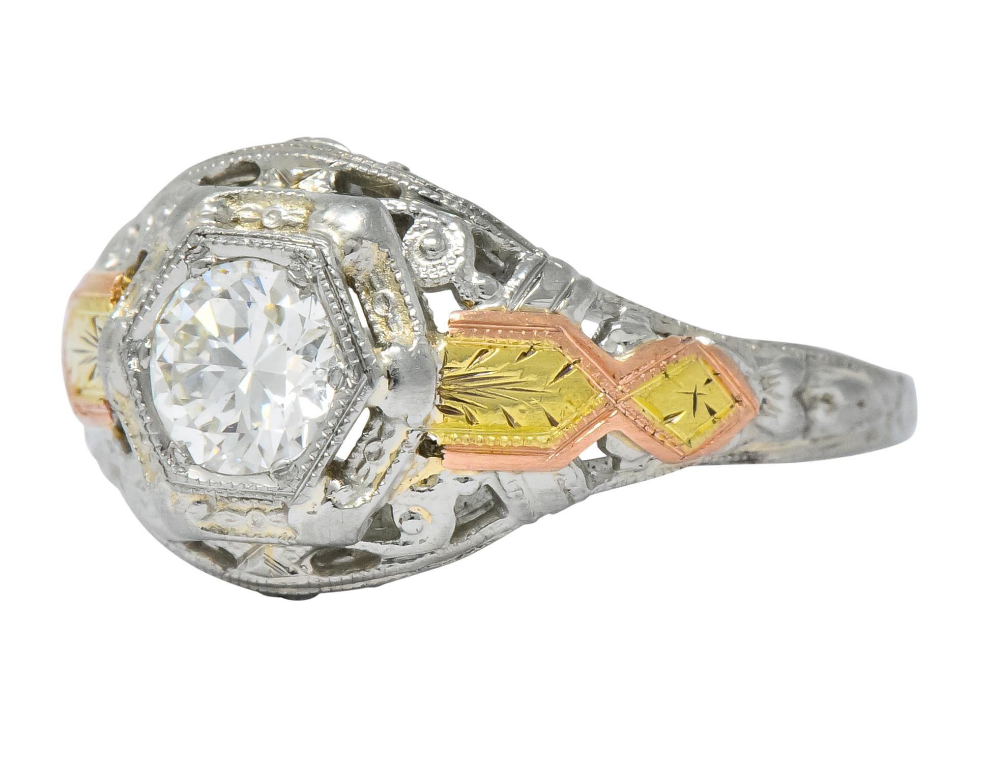 Bud & Blossom Art Deco Diamond 14 Karat Tri-Colored Gold Engagement Ring 1