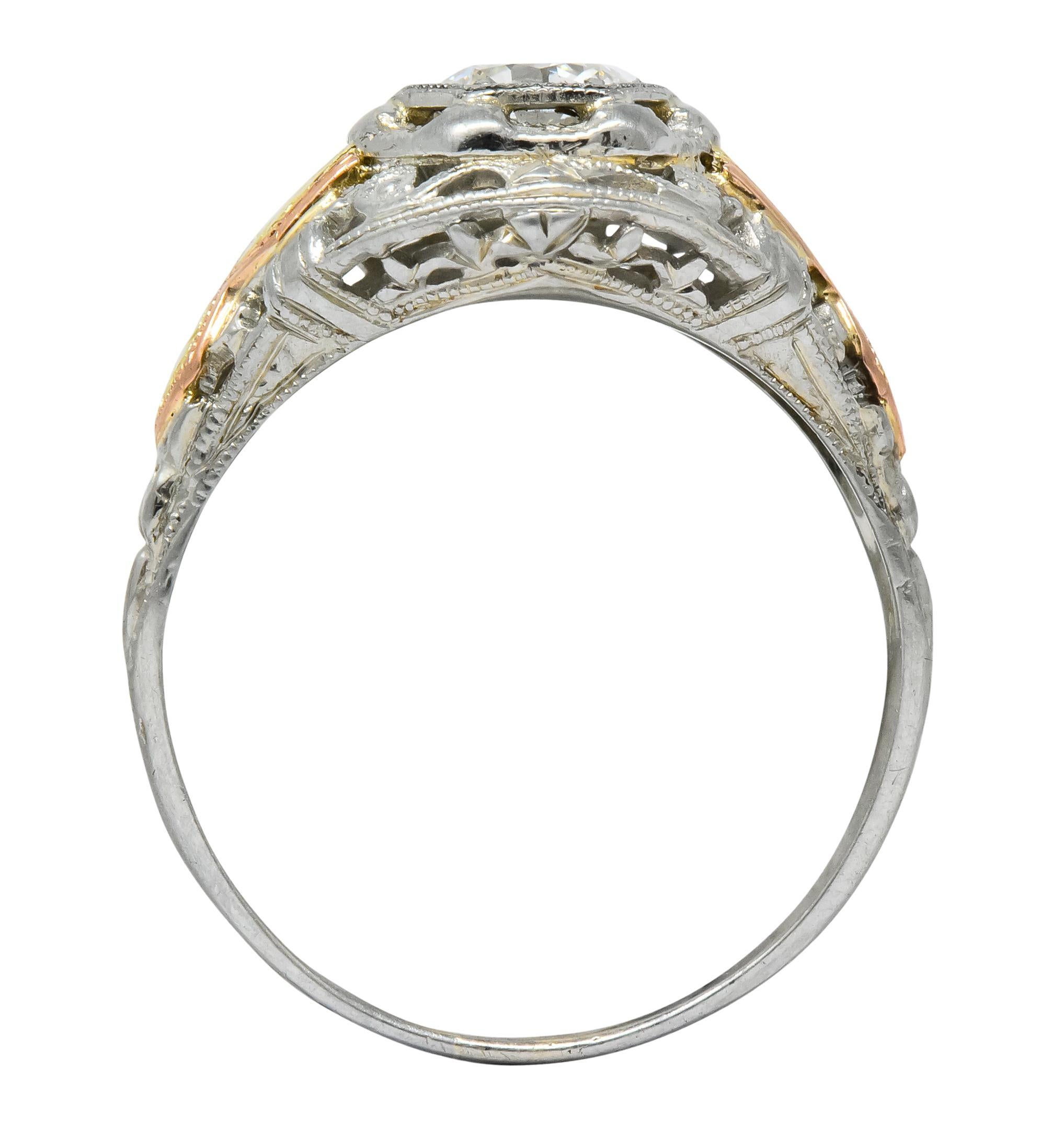 Bud & Blossom Art Deco Diamond 14 Karat Tri-Colored Gold Engagement Ring 2