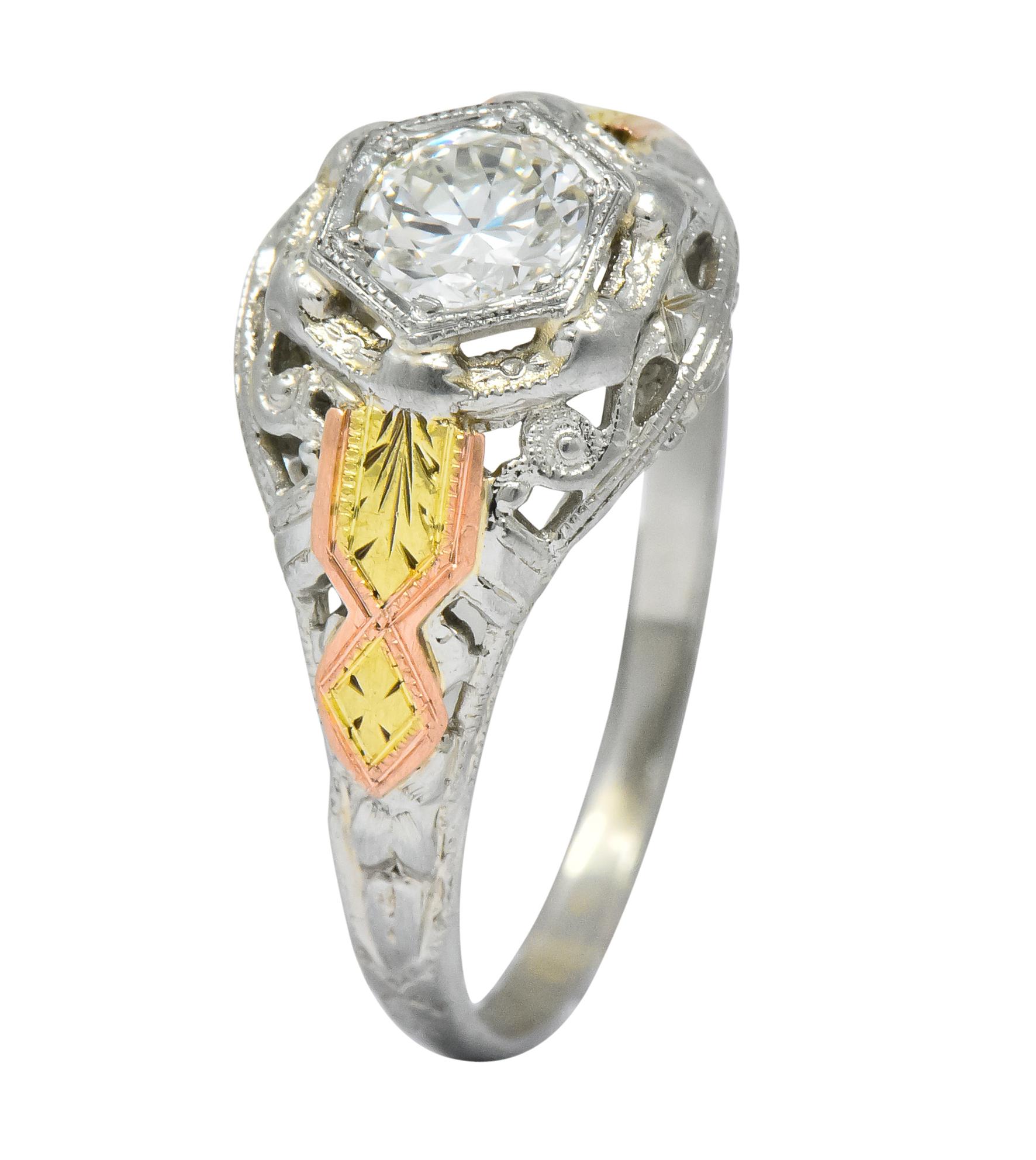 Bud & Blossom Art Deco Diamond 14 Karat Tri-Colored Gold Engagement Ring 3