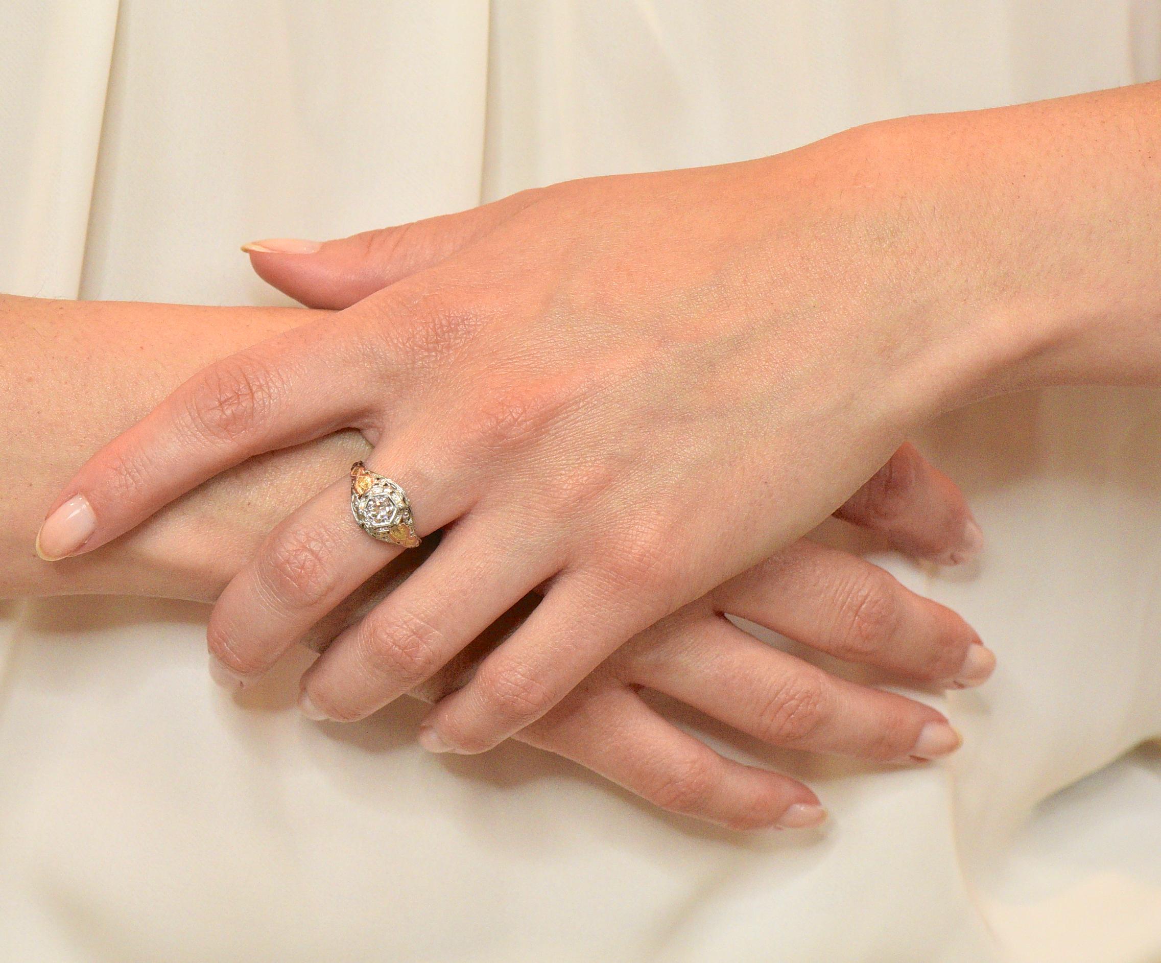 Bud & Blossom Art Deco Diamond 14 Karat Tri-Colored Gold Engagement Ring 4