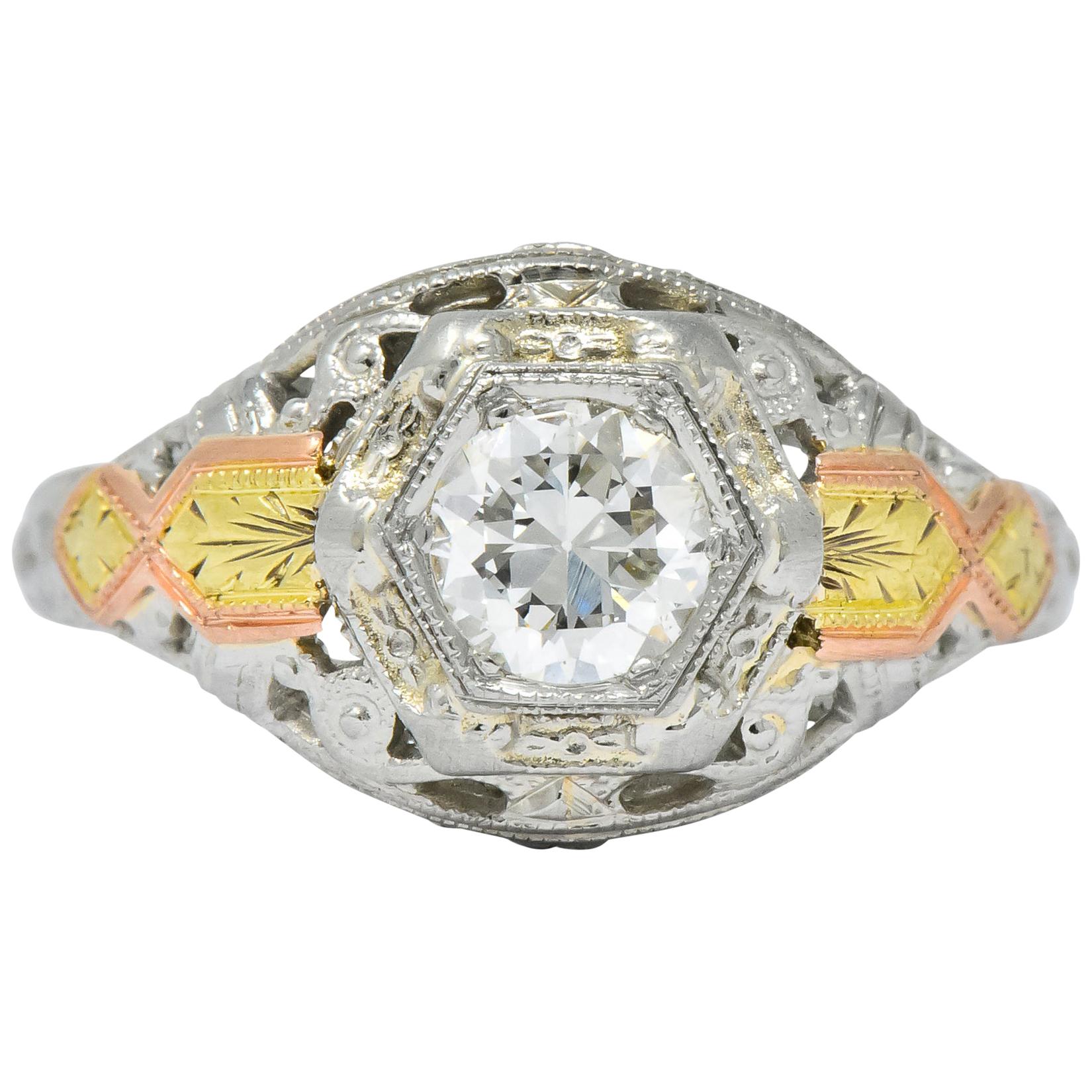 Bud & Blossom Art Deco Diamond 14 Karat Tri-Colored Gold Engagement Ring