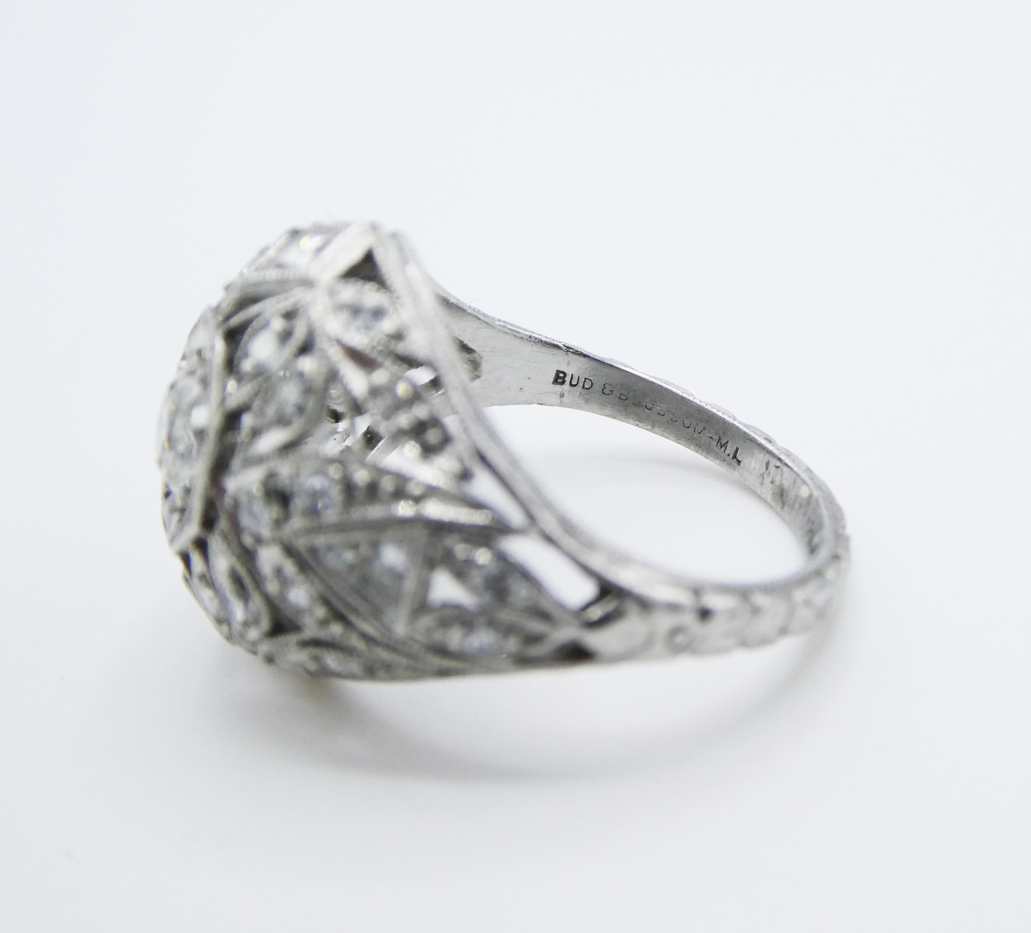 Bud & Blossom Art Deco Platinum Diamond Dome Cocktail Ring In Good Condition In  Baltimore, MD
