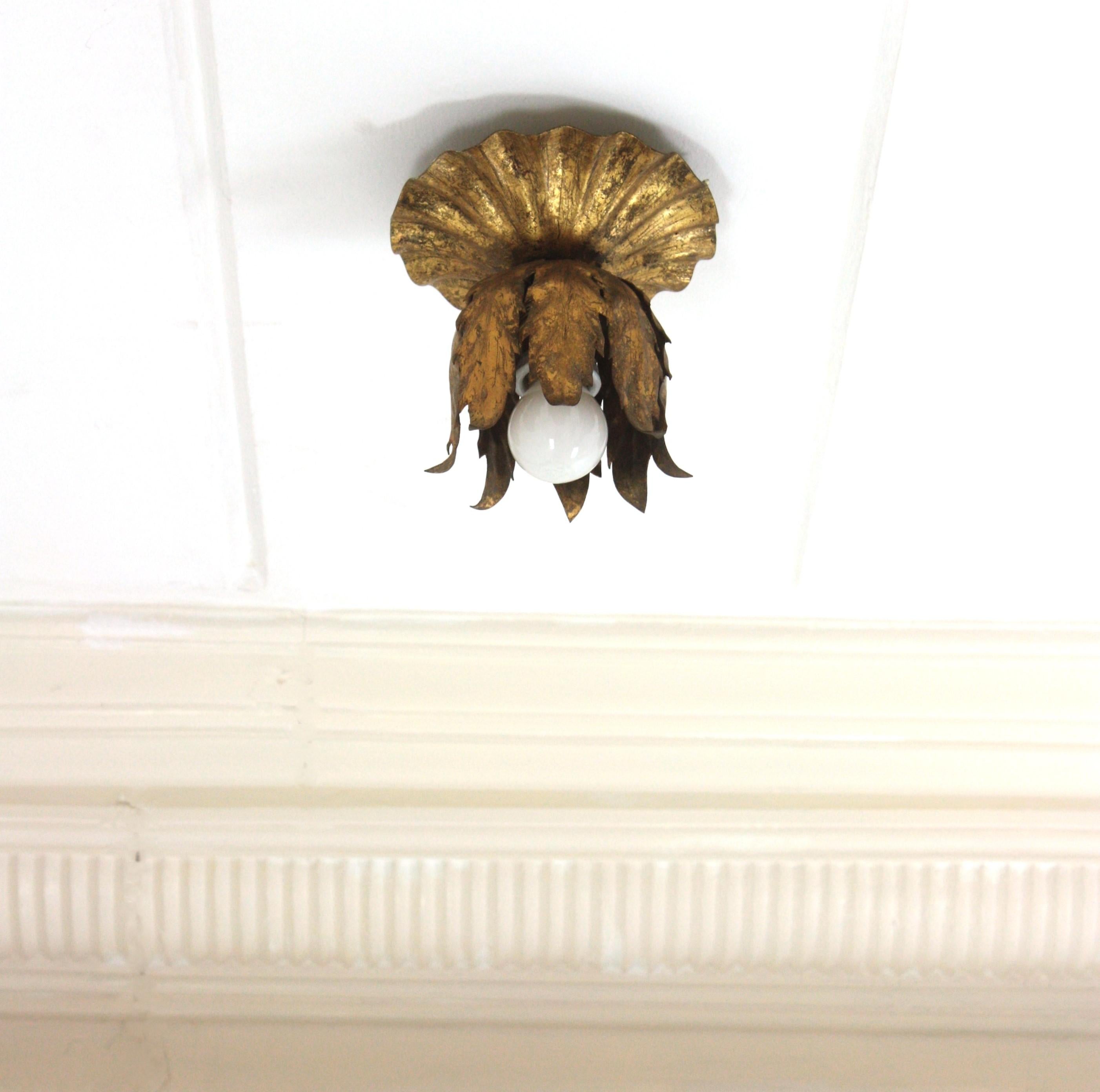 Hollywood Regency Bud Flower Light Fixture in Gilt Iron, Spain, 1950s For Sale