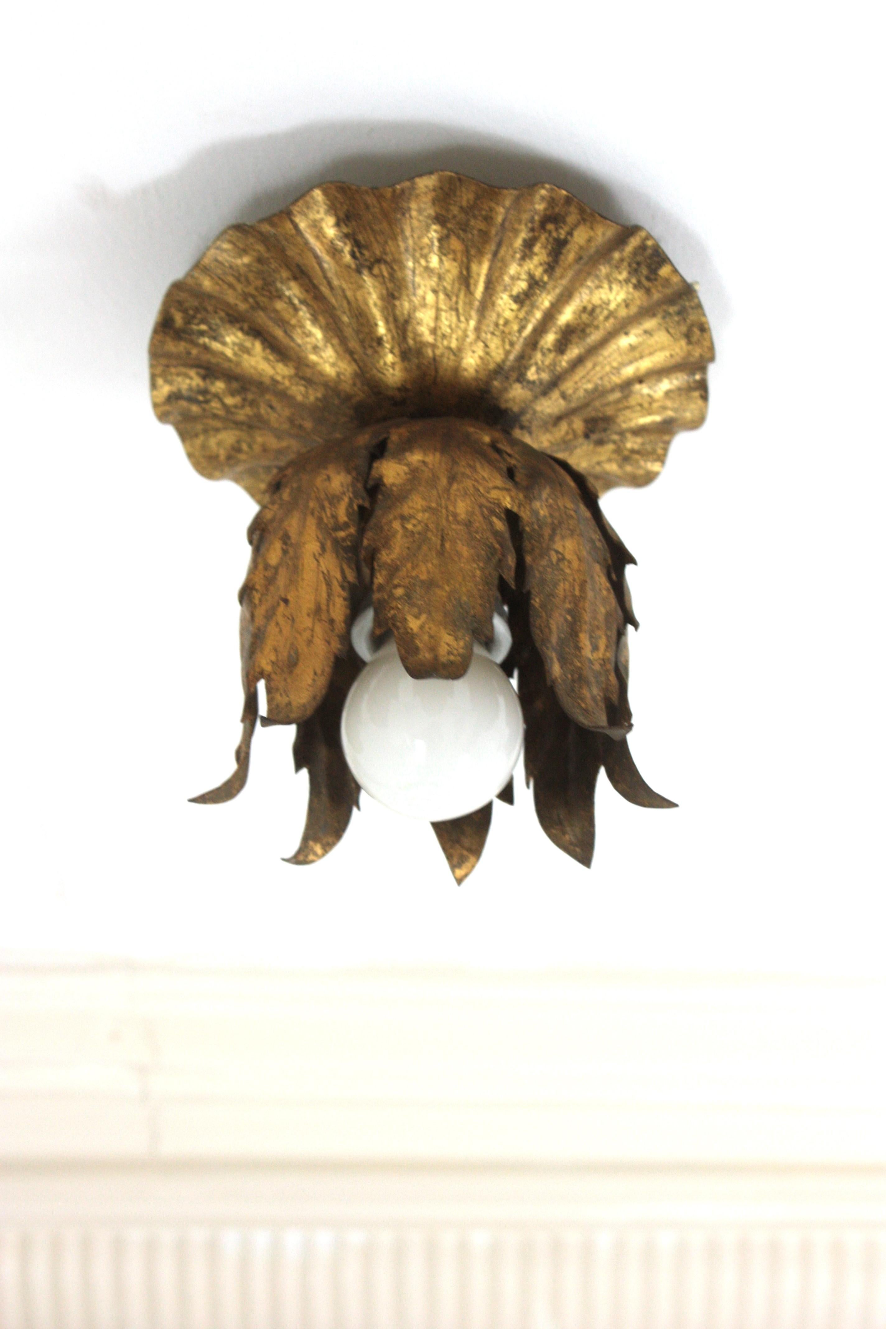Spanish Bud Flower Light Fixture in Gilt Iron, Spain, 1950s For Sale