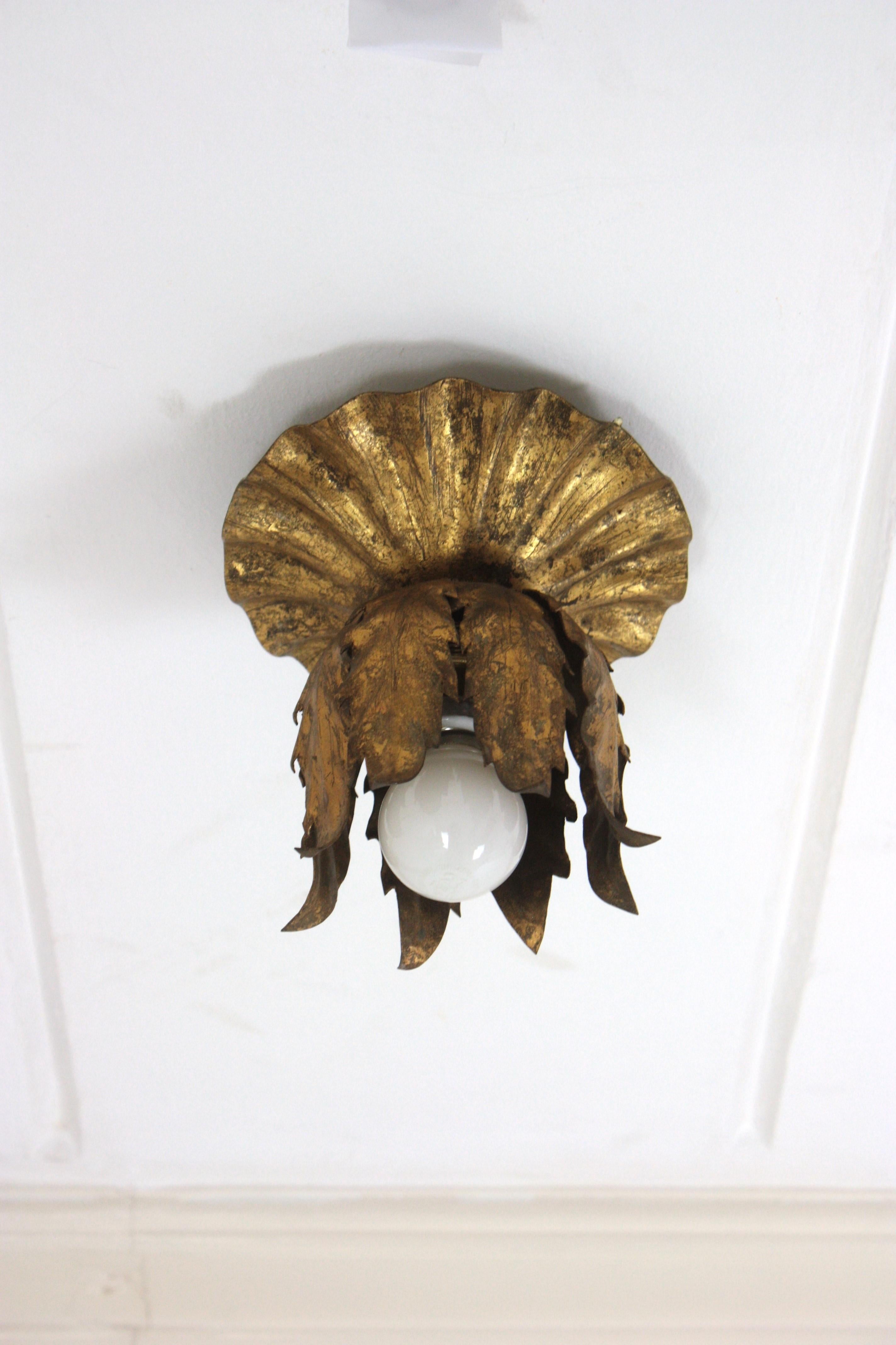20th Century Bud Flower Light Fixture in Gilt Iron, Spain, 1950s For Sale