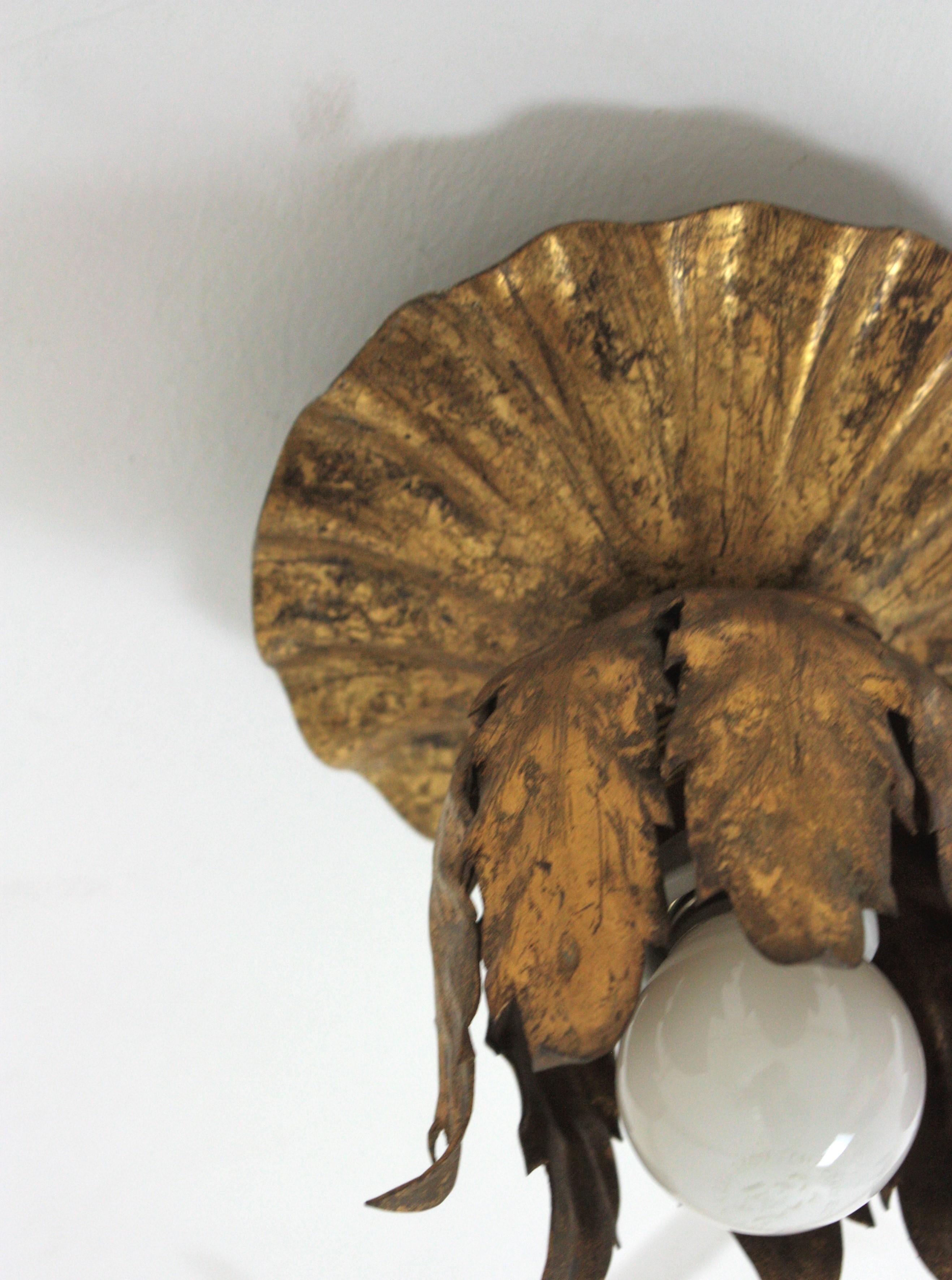 Bud Flower Light Fixture in Gilt Iron, Spain, 1950s For Sale 1