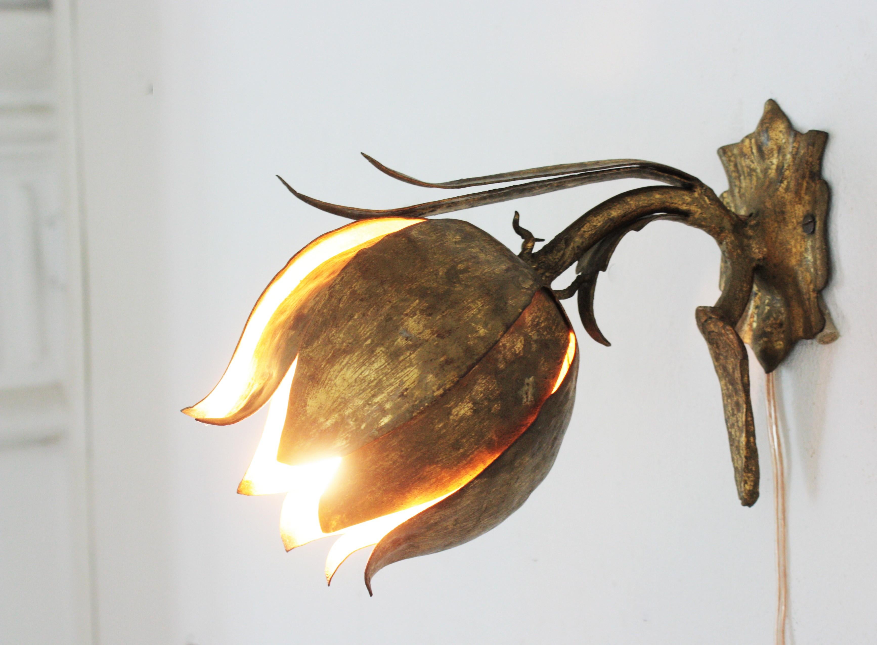 Bud Flower Wall Sconce in Gilt Iron, 1940s 8