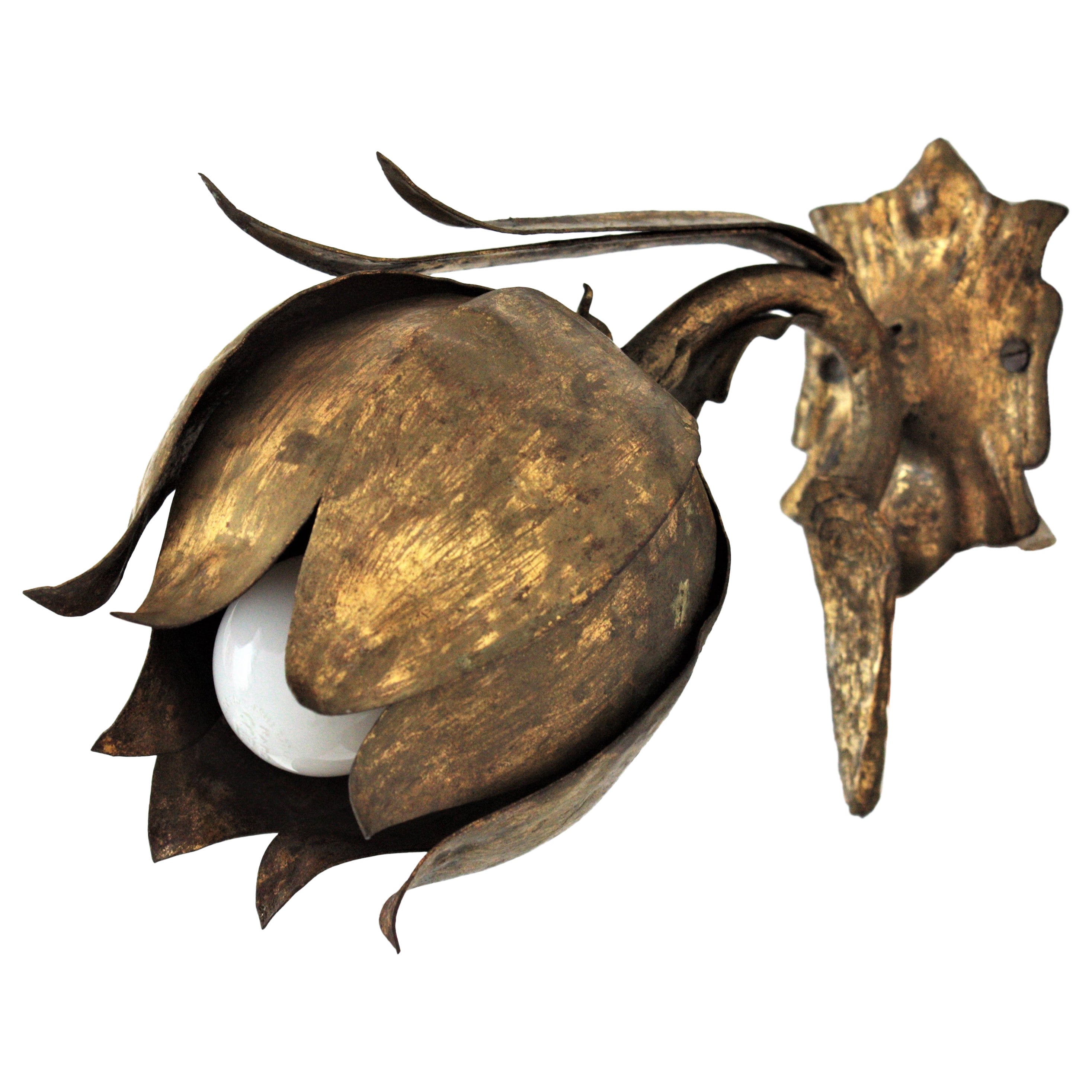Bud Flower Wall Sconce in Gilt Iron, 1940s