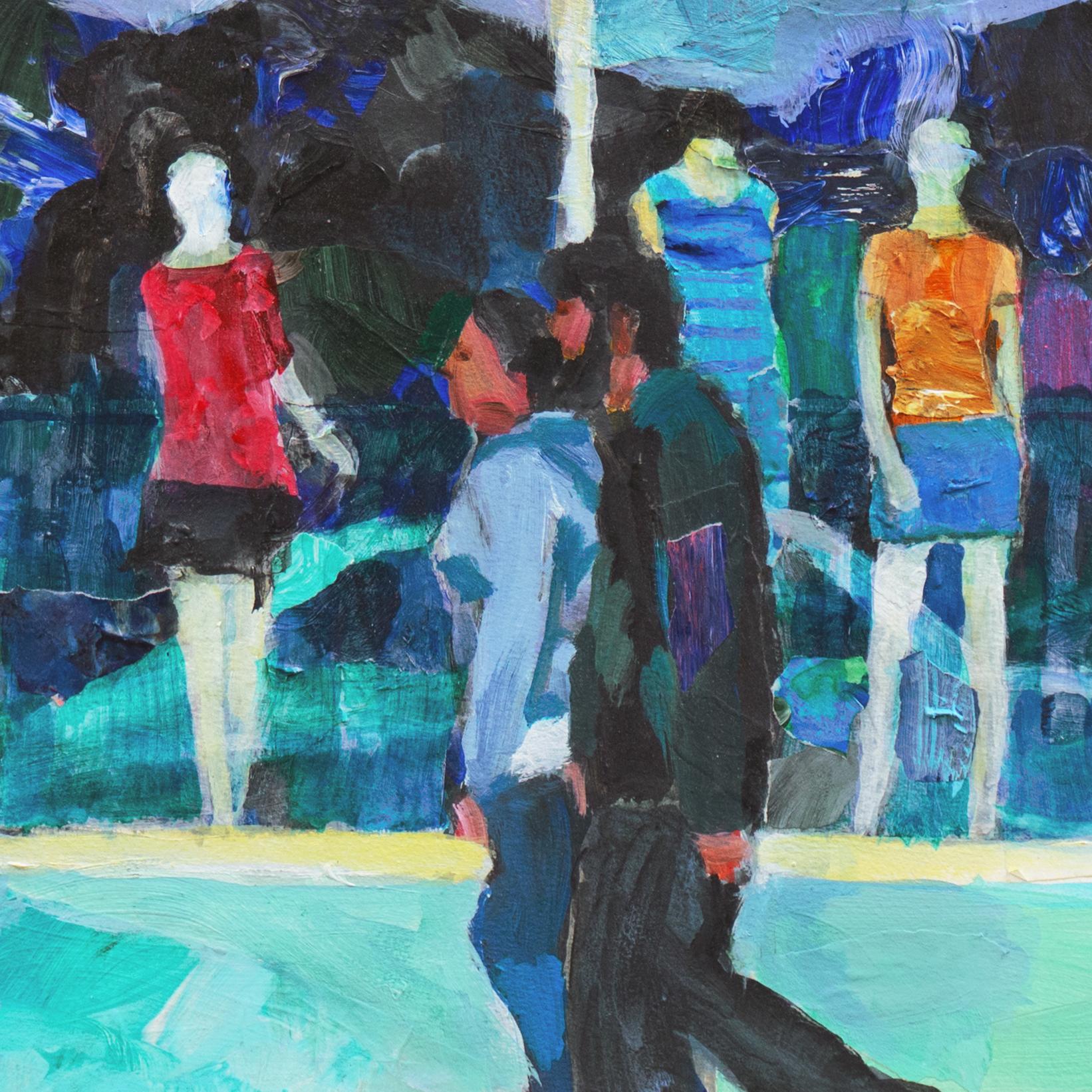 Signed lower left 'Gordon', for Bud Gordon (American, born 1959); additionally signed, verso, and titled, 'Storefront with Mannequins and couple'. Accompanied with original foam backing with artist signature, titled and dated 2018.

A vibrant