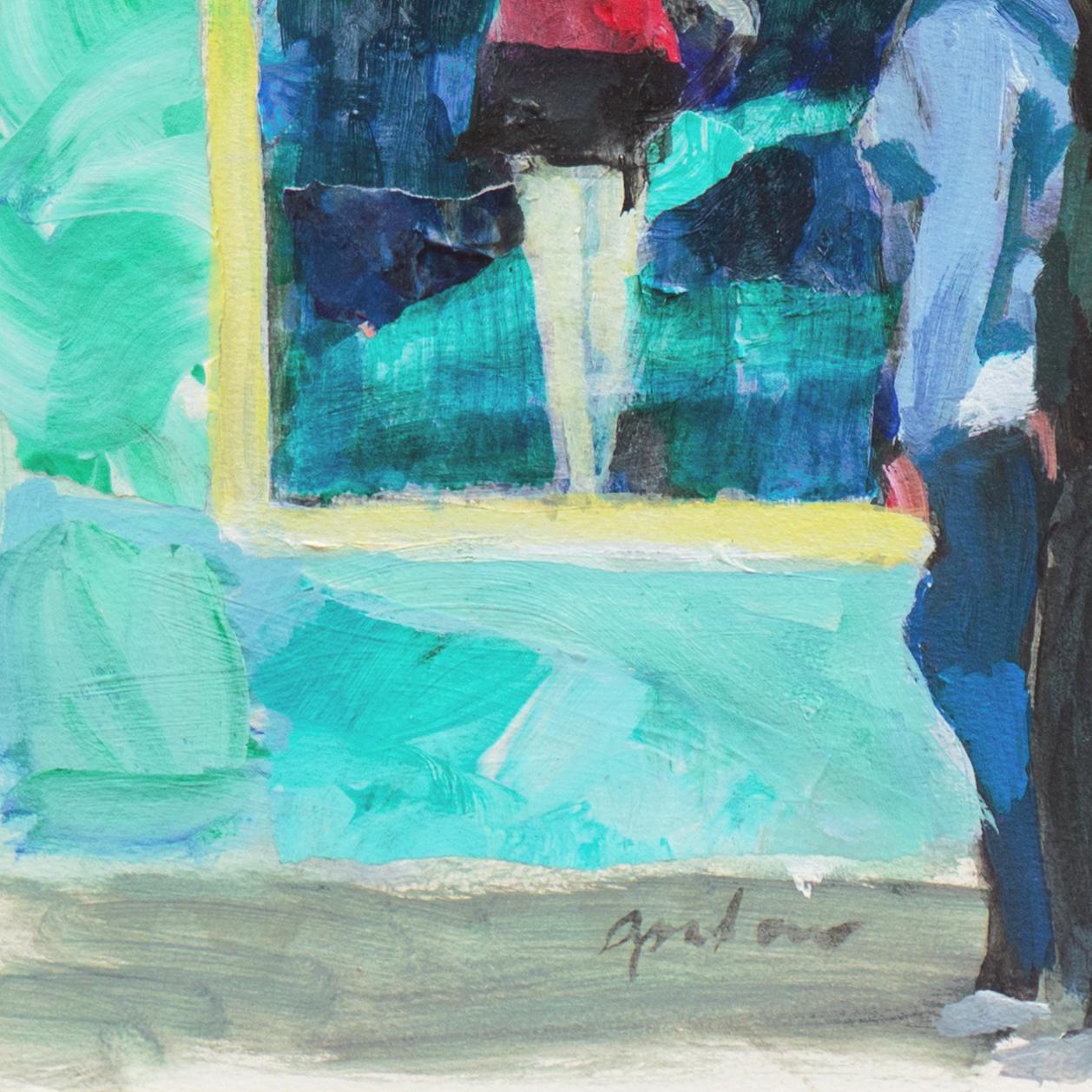 „Mannequins in a Store Window“, figurative Szene aus der Bay Area, Student of Wayne Thiebaud (Blau), Figurative Painting, von Bud Gordon