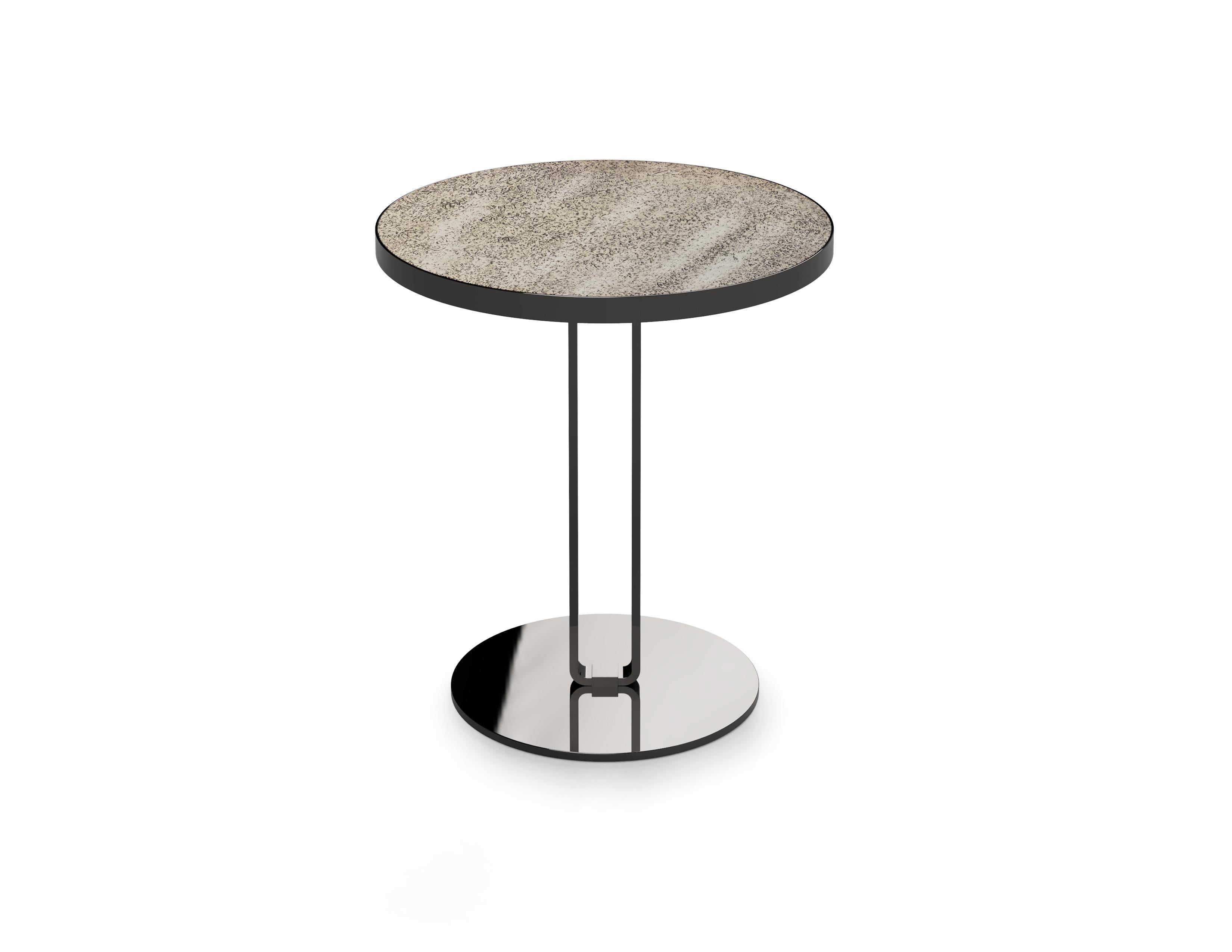 Modern Side Table, Lacquered Wood in Textured Finish Top, Titanium Plated Metal Base For Sale