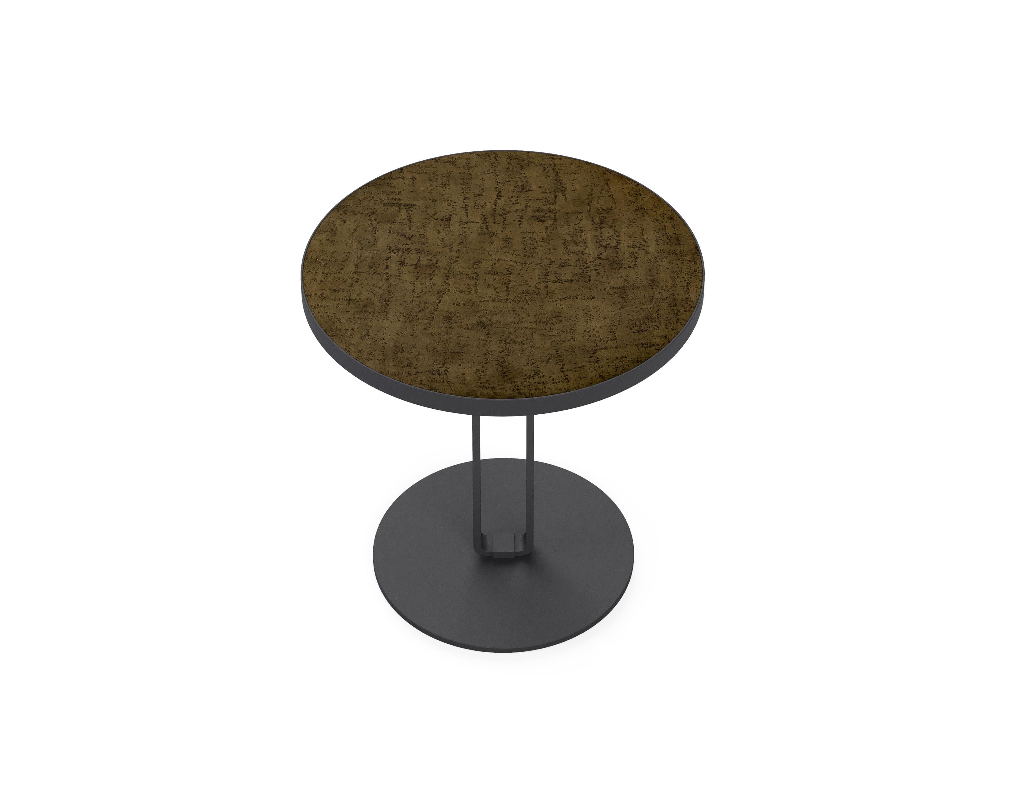 Side Table, Lacquered Wood in Textured Finish Top, Titanium Plated Metal Base For Sale 2