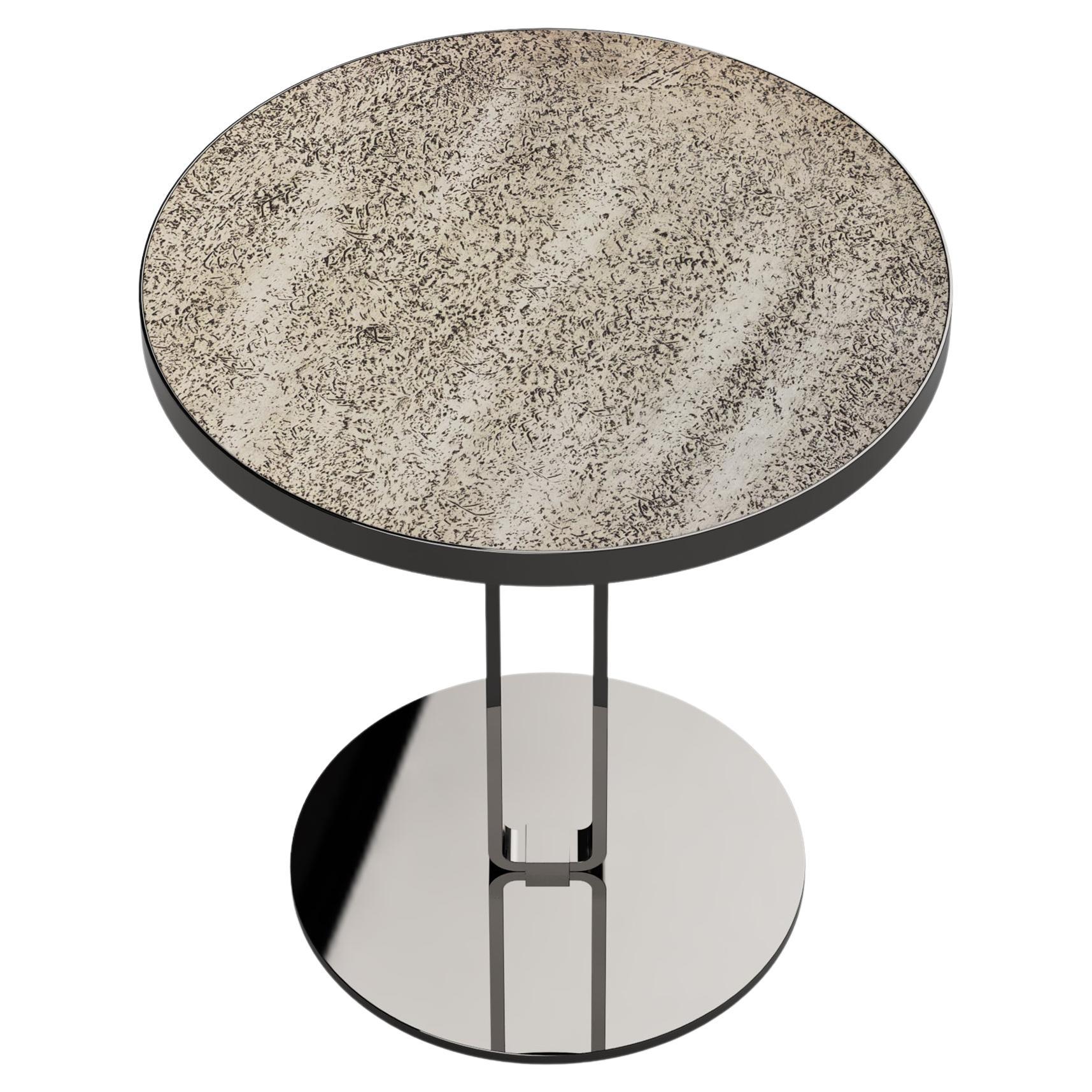 Side Table, Lacquered Wood in Textured Finish Top, Titanium Plated Metal Base