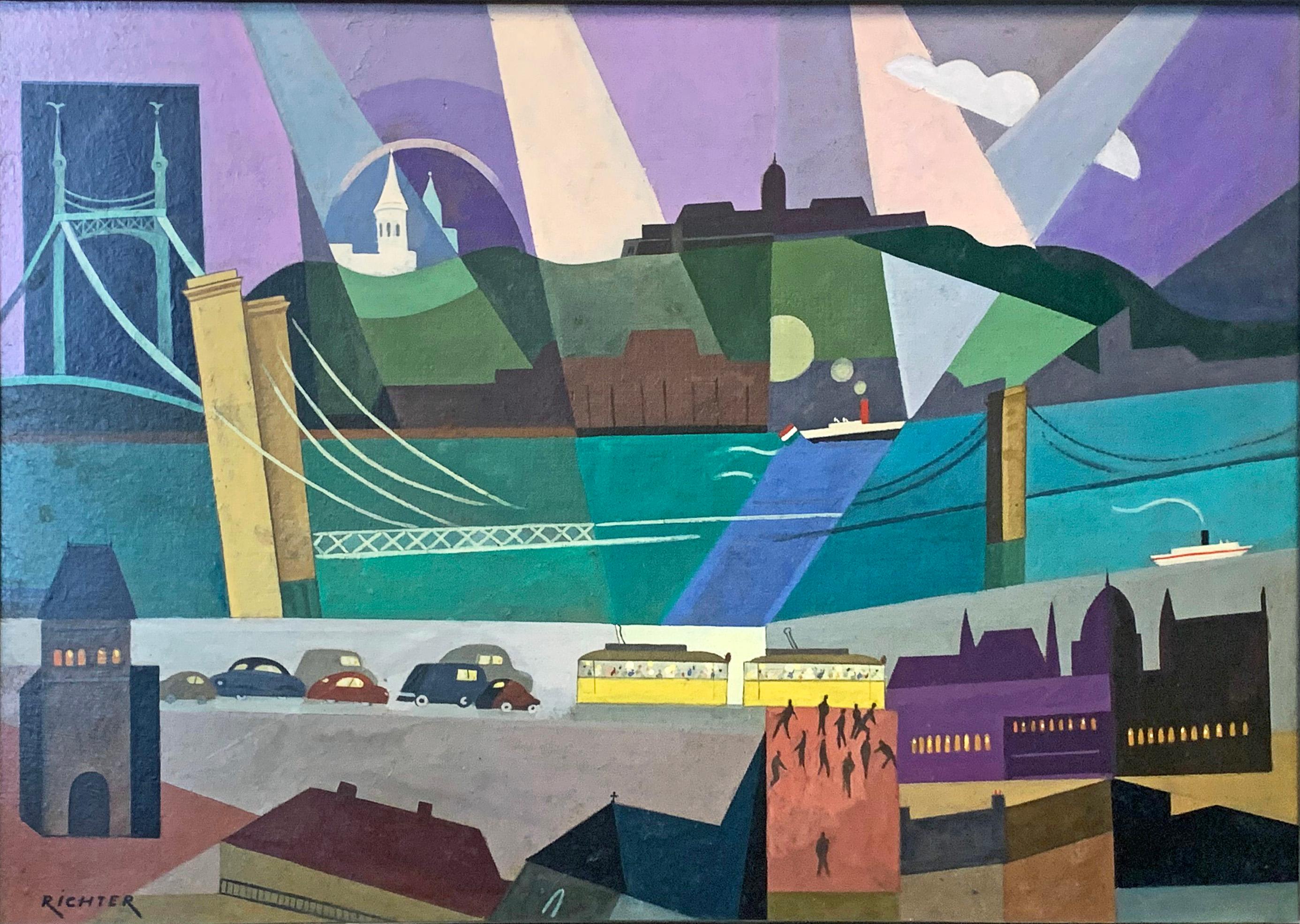 Perhaps the finest work of Aurel Richter's (1870-1957) career, this vividly-painted, Art Deco - Cubist view of central Budapest in the 1930s depicts the pinnacled Liberty Bridge, the sparkling blue Danube, and an energetic scene of crowded