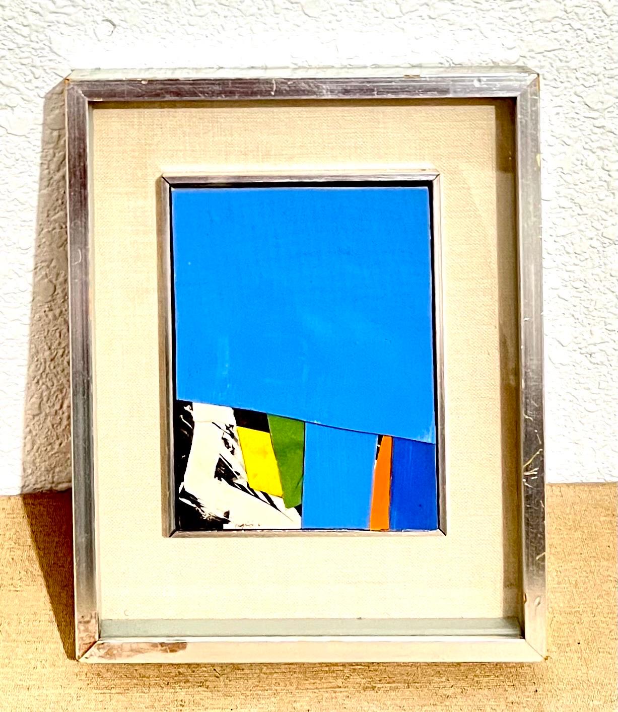 Budd Hopkins, American (1931-2011)
Untitled, Abstract Blue Composition, 1966
paper collage, hand signed and dated lower left
Blue, yellow, green, orange, black & white.
6 x 4 1/2 inches
frame dimensions: 10 1/8 x 8 1/8 x 1 3/8, metal shadow box