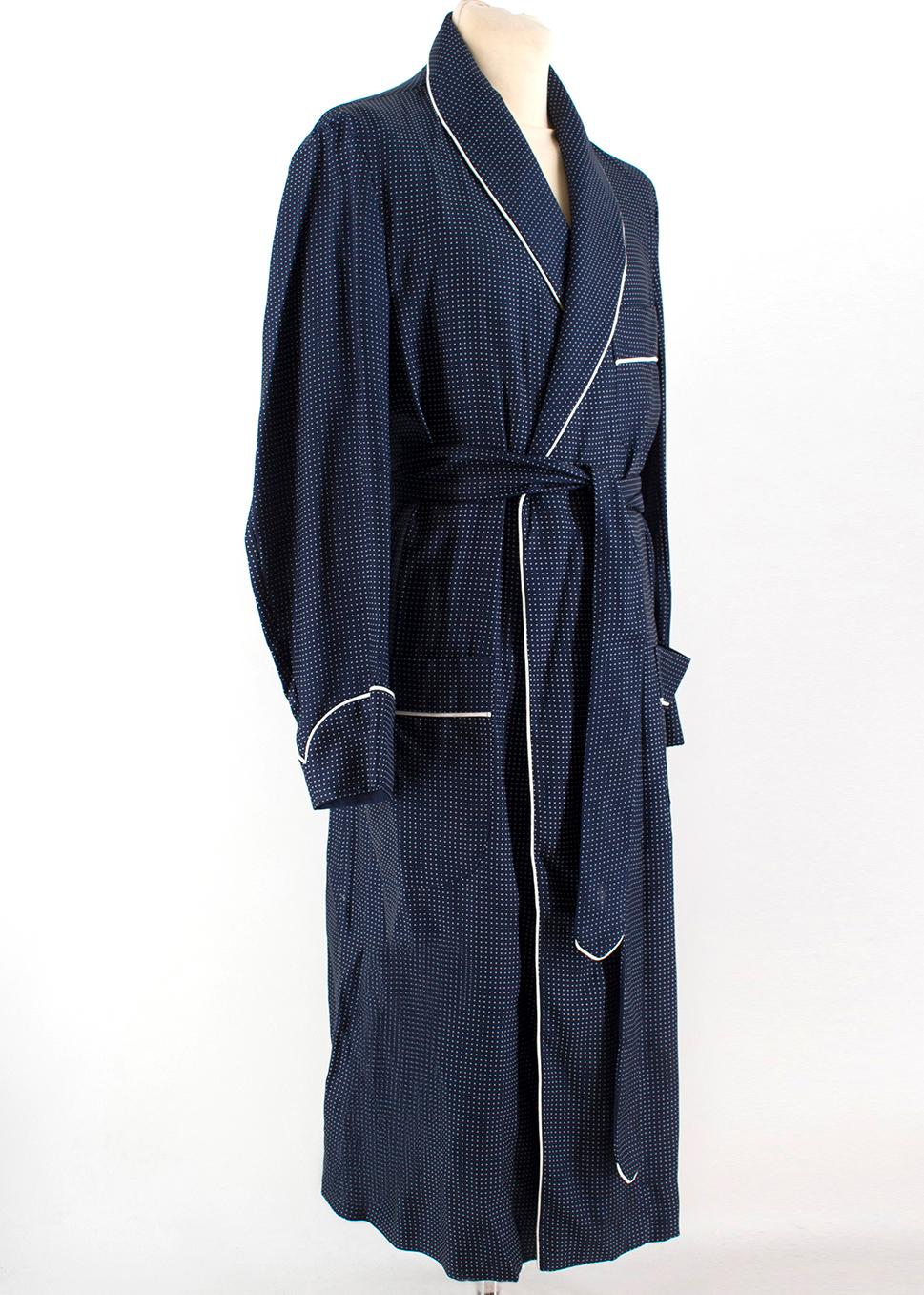 Budd Navy Polka Dot Silk Twill Robe

- Navy silk twill robe
- Lightweight
- Polka dot print
- V-neck
- Long sleeved 
- Chest patch pocket
- Front patch pockets
- Belt loops, waist strap 
- 100% silk

Please note, these items are pre-owned and may