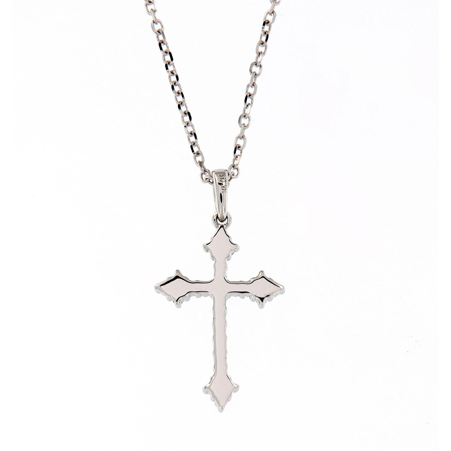 This beautiful symbol of faith is crafted in 14k white gold with prong set round brilliant diamonds. Perfect for those making their confirmation or to wear everyday! 
Pendant hangs from an 18 inch chain that has a loop at 18 inch so it fits every