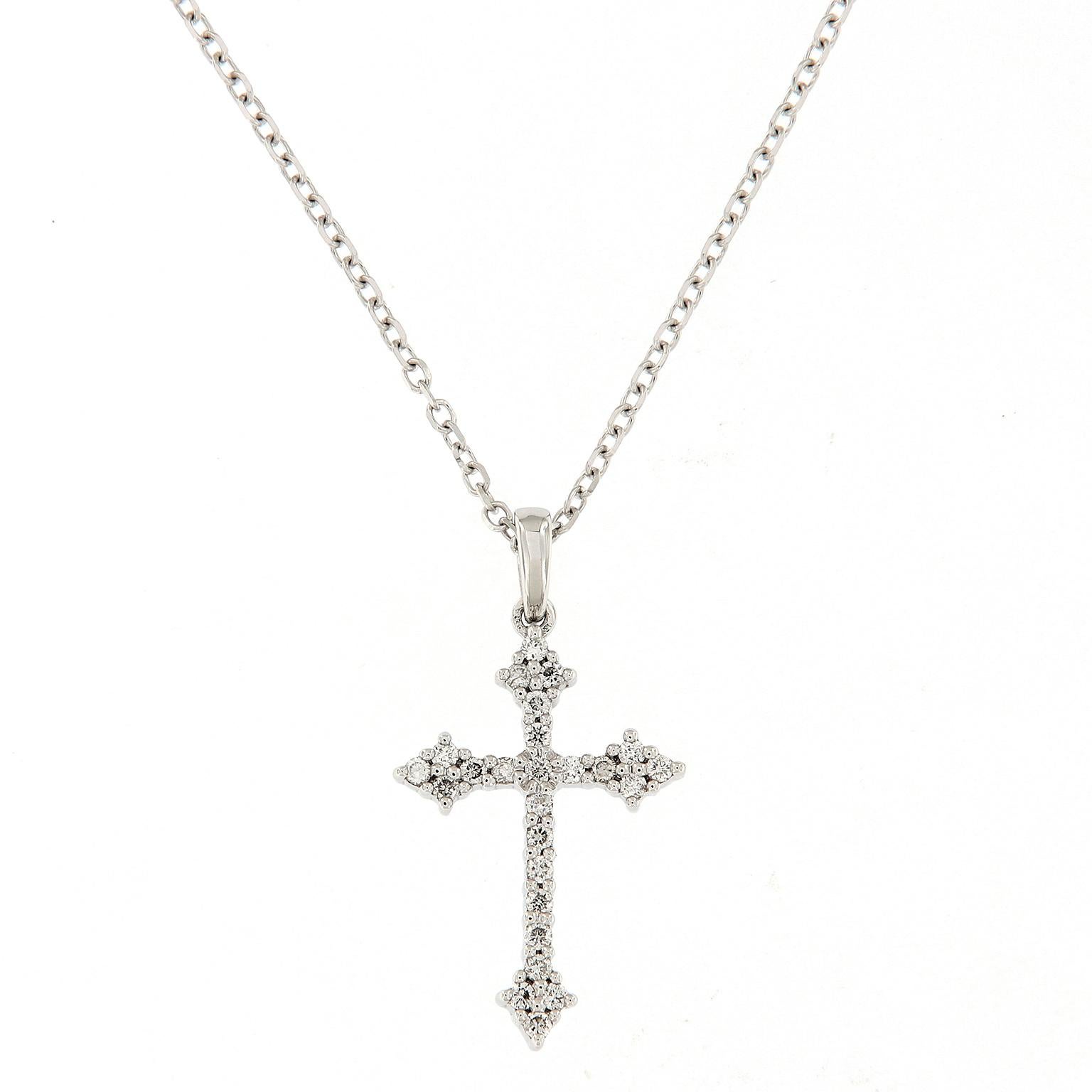 14 Karat White Gold Budded Diamond Cross Necklace