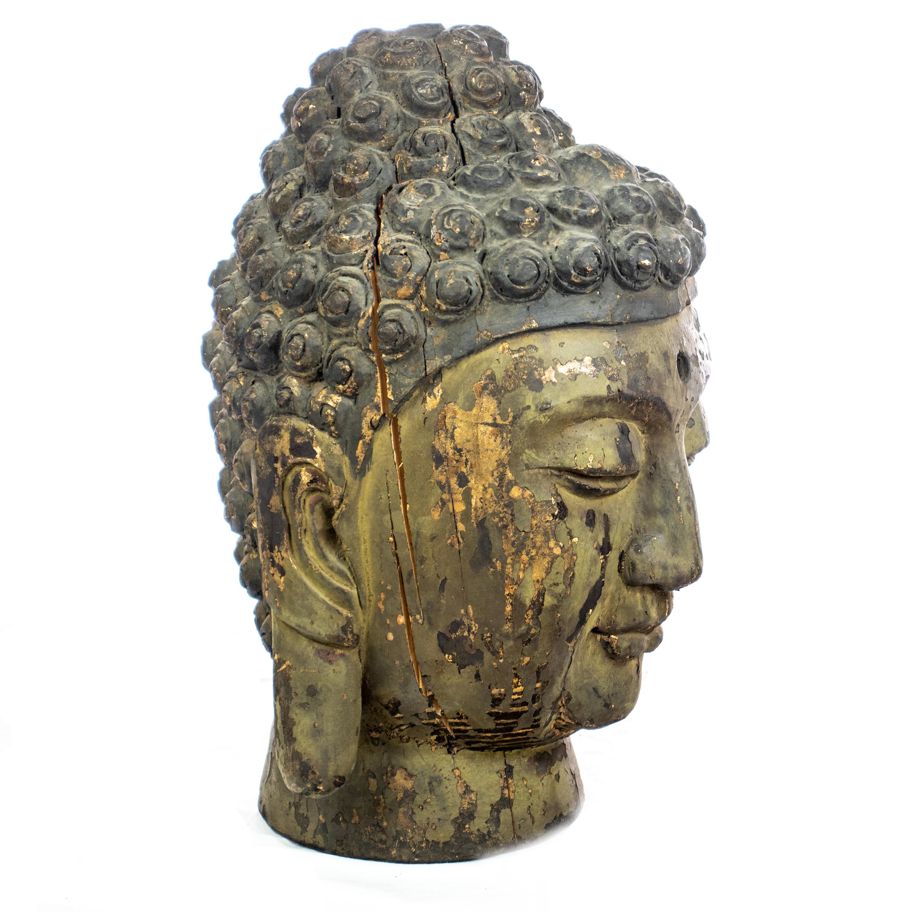 Hand-Carved Buddha Antique Handmade Carved Wood Head Bust Asian Meditation Sculpture