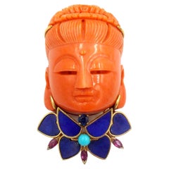 Buddha Carved Coral Lapis Lazuli Sapphire Ruby Turquoise Yellow Gold Pin Brooch