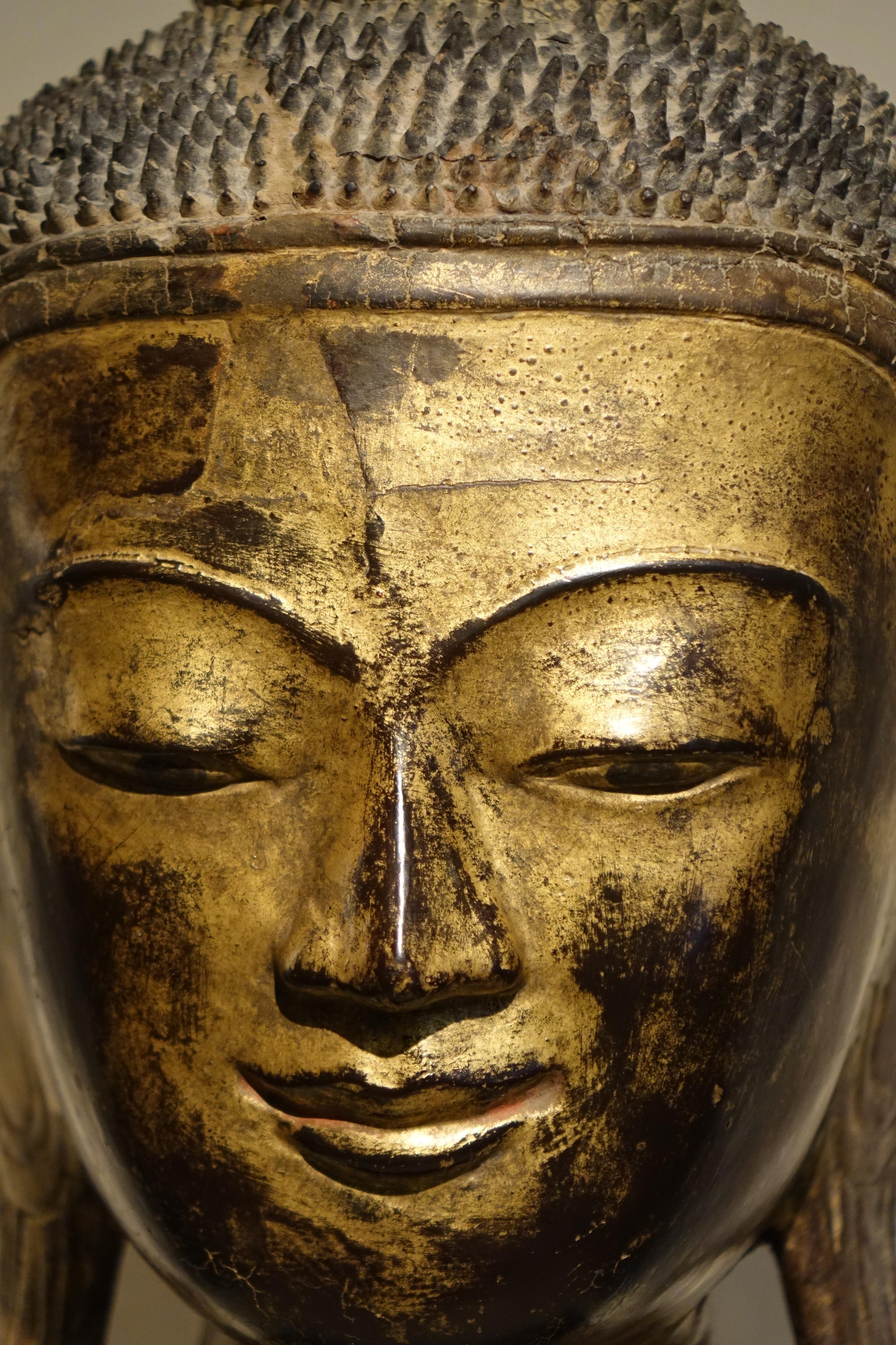 Head of Buddha Cakyamuni in meditation in dry lacquer (amalgam of cotton and wooden chips), gilt with gold leaf.
Very thin curls of hair grouped on the top of the skull, commonly called Ushnisa, is a three-dimensional oval at the top of the head of