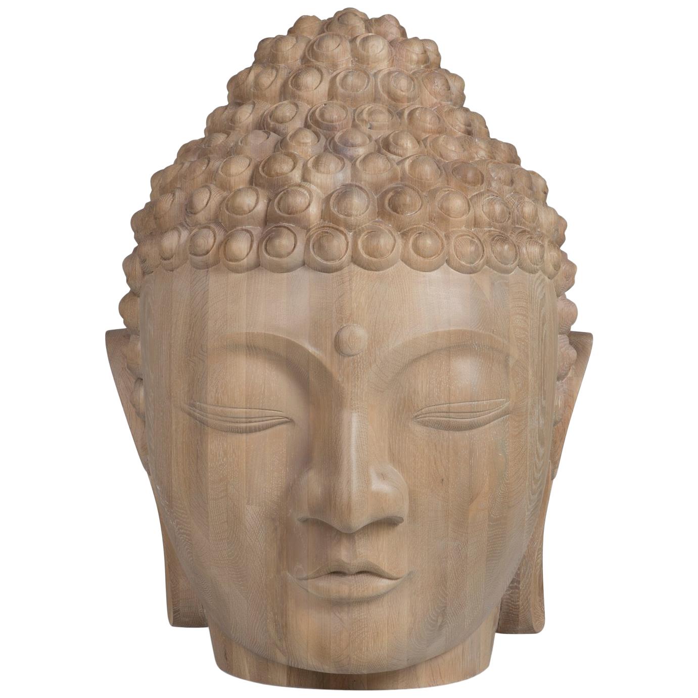 Buddha Head Sculpture in Solid Oak