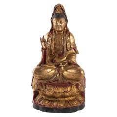 Antique Buddha in Golden Wood and Red Lacquer Beef Blood, China, 21st Century