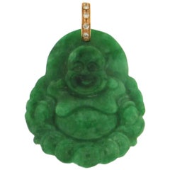 Buddha Jade 18 Karat Yellow Gold Diamonds Pendant Necklace