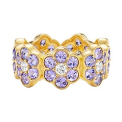 Buddha Mama Bague cocktail fleur en or jaune 20 carats Tanzanite et diamant