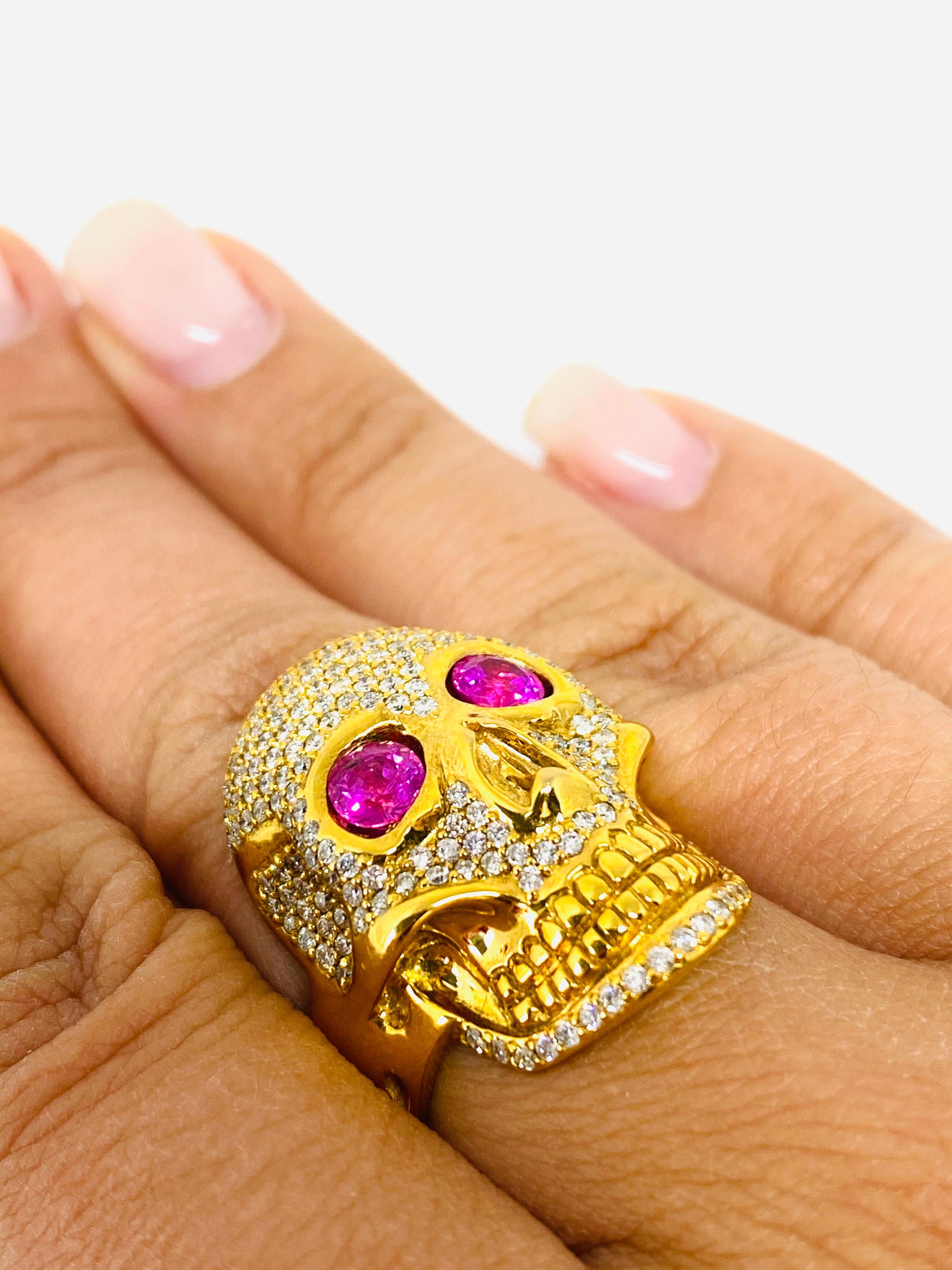 Buddha Mama 20K Yellow Gold Diamond and Pink Tourmaline Scull Coctail Ring  1