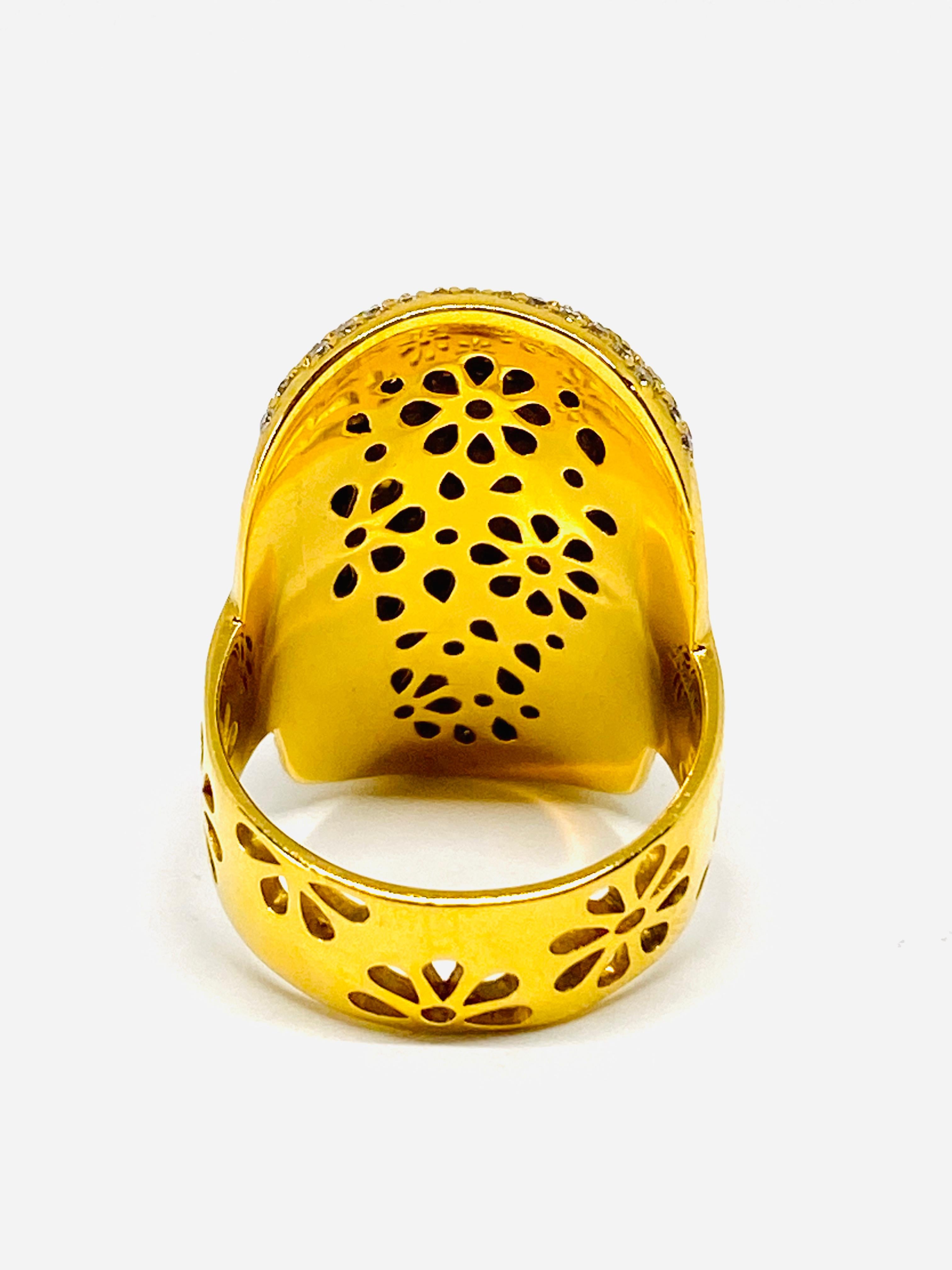 Modern Buddha Mama 20K Yellow Gold Diamond and Pink Tourmaline Scull Coctail Ring 