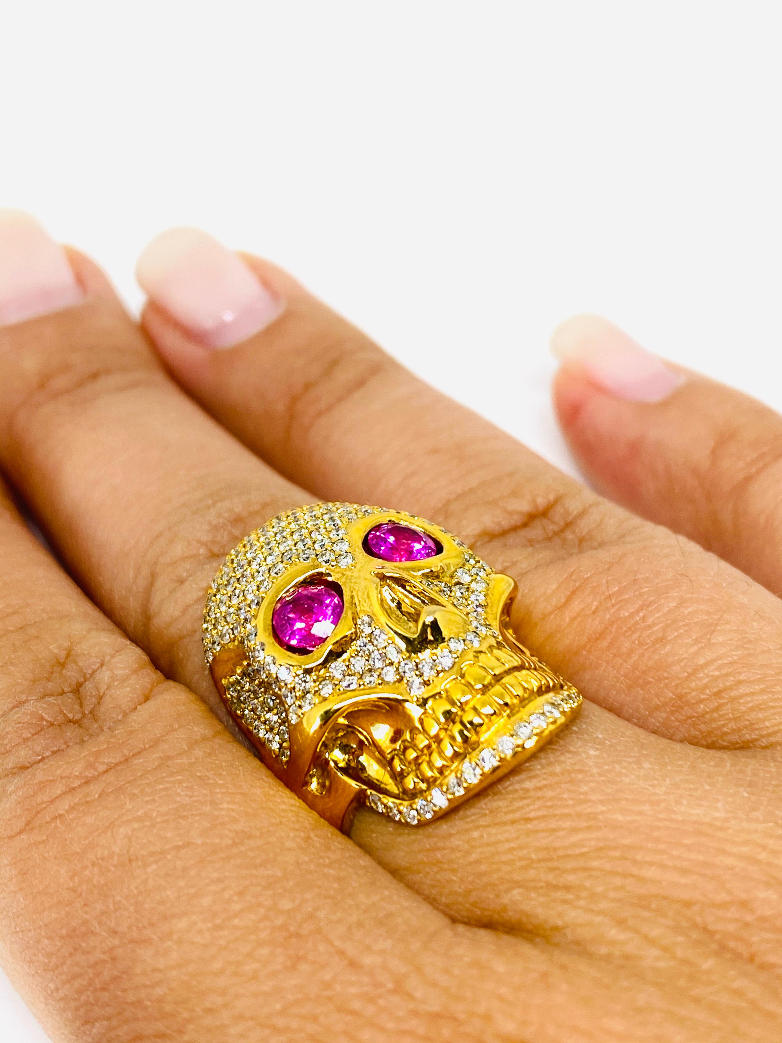 Round Cut Buddha Mama 20K Yellow Gold Diamond and Pink Tourmaline Scull Coctail Ring 