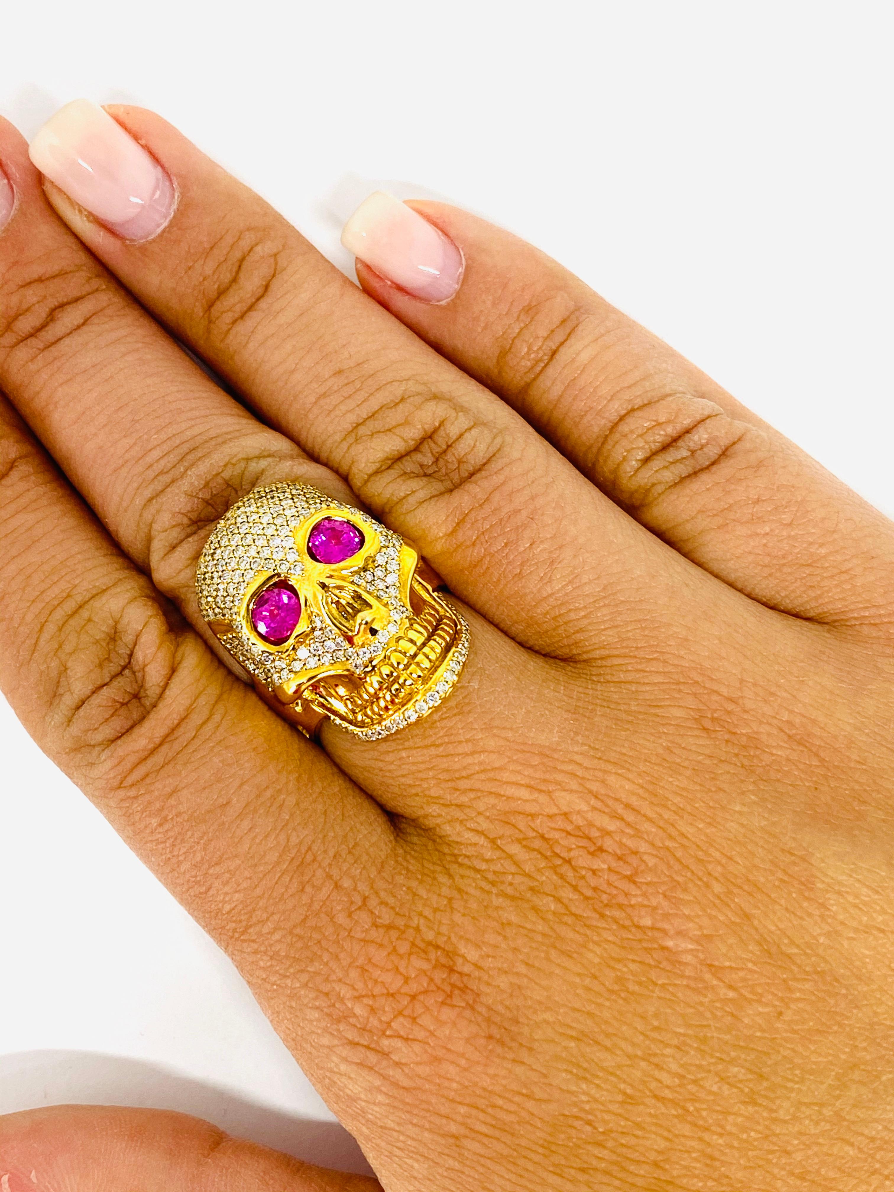 Buddha Mama 20K Yellow Gold Diamond and Pink Tourmaline Scull Coctail Ring  In Excellent Condition In Beverly Hills, CA