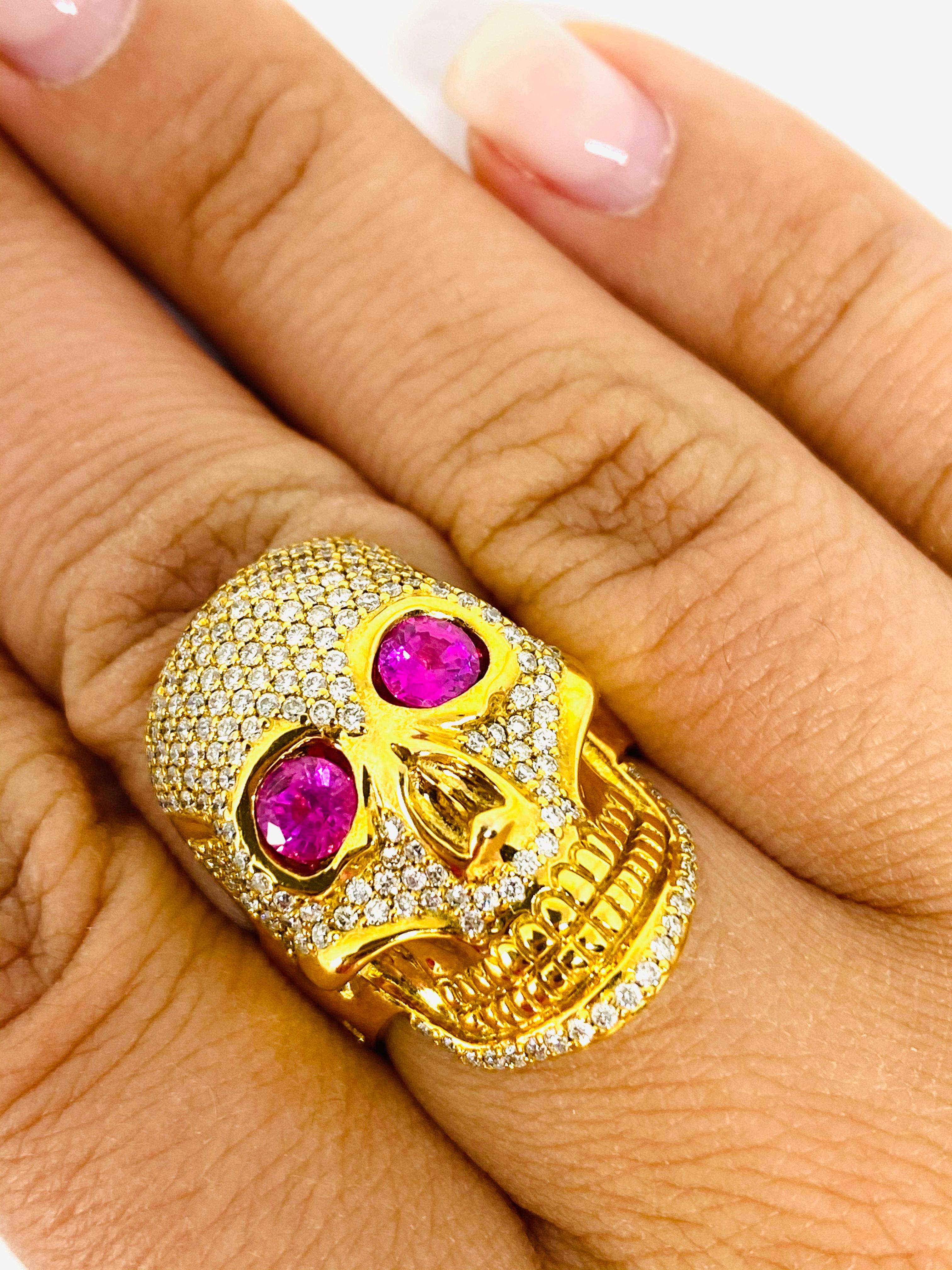Women's or Men's Buddha Mama 20K Yellow Gold Diamond and Pink Tourmaline Scull Coctail Ring 