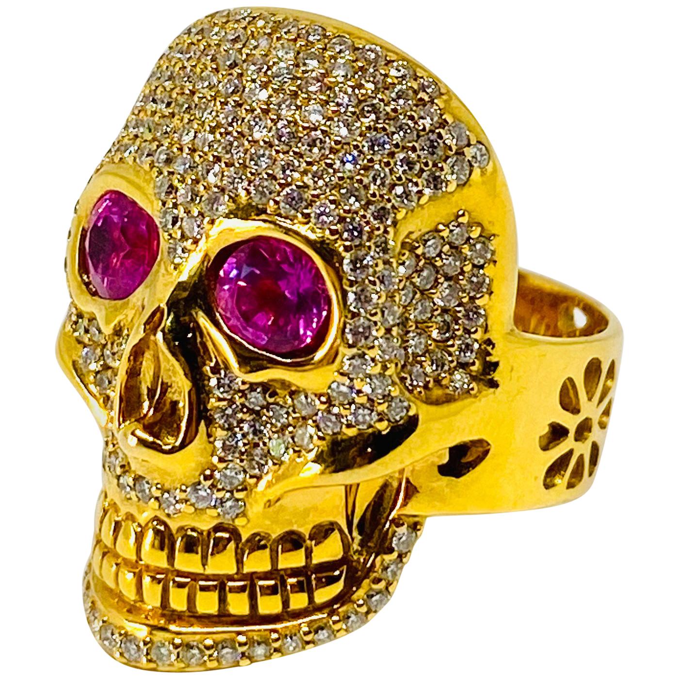 Buddha Mama 20K Yellow Gold Diamond and Pink Tourmaline Scull Coctail Ring 