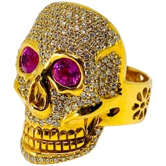 Buddha Mama 20K Yellow Gold Diamond and Pink Tourmaline Scull Coctail Ring 