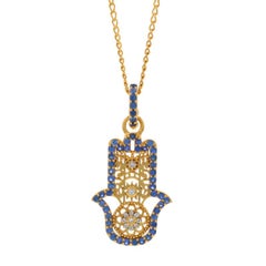 Buddha Mama Sapphire Diamond Hamsa Hand Necklace 17 3/4"-Yellow Gold 20k 1.80ctw