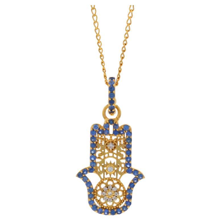 Collier Buddha Mama Saphir Diamant Hamsa 17 3/4"-Or jaune 20k 1.80ctw