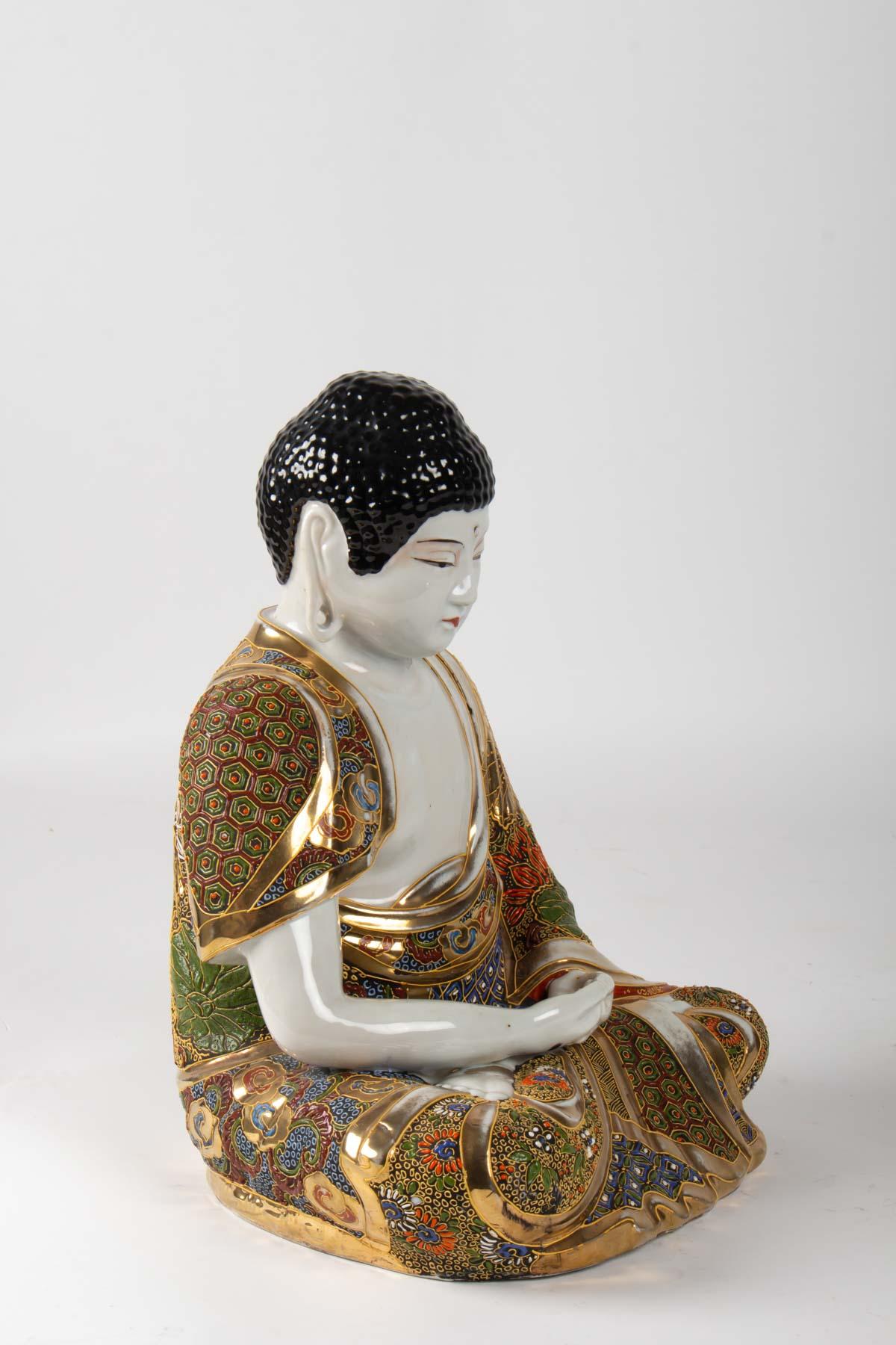 Chinese Buddha Meditation Porcelain Stazuma Decor Polychrome Lotus, 1920-1930