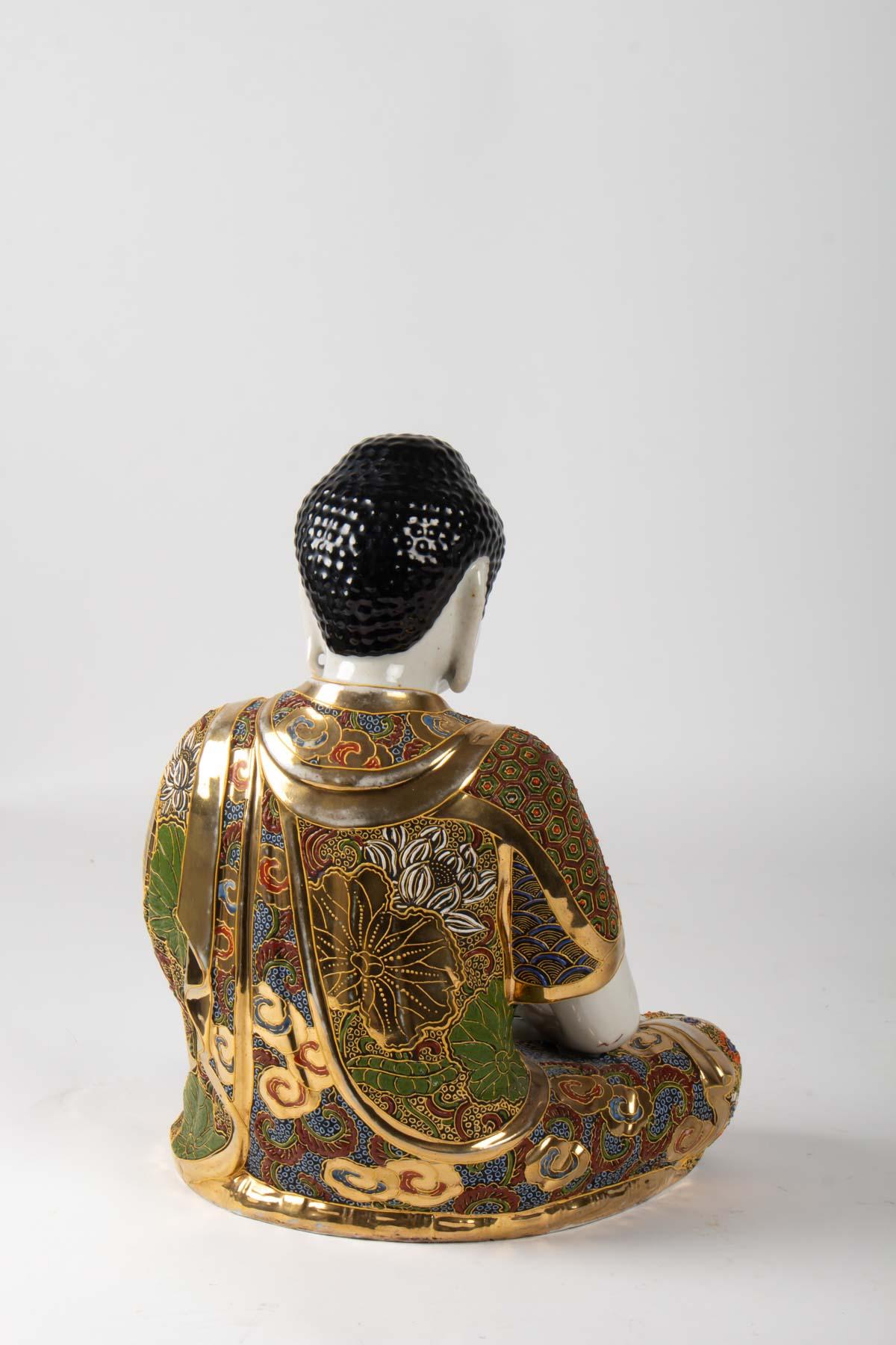 Buddha Meditation Porcelain Stazuma Decor Polychrome Lotus, 1920-1930 In Good Condition In Saint-Ouen, FR