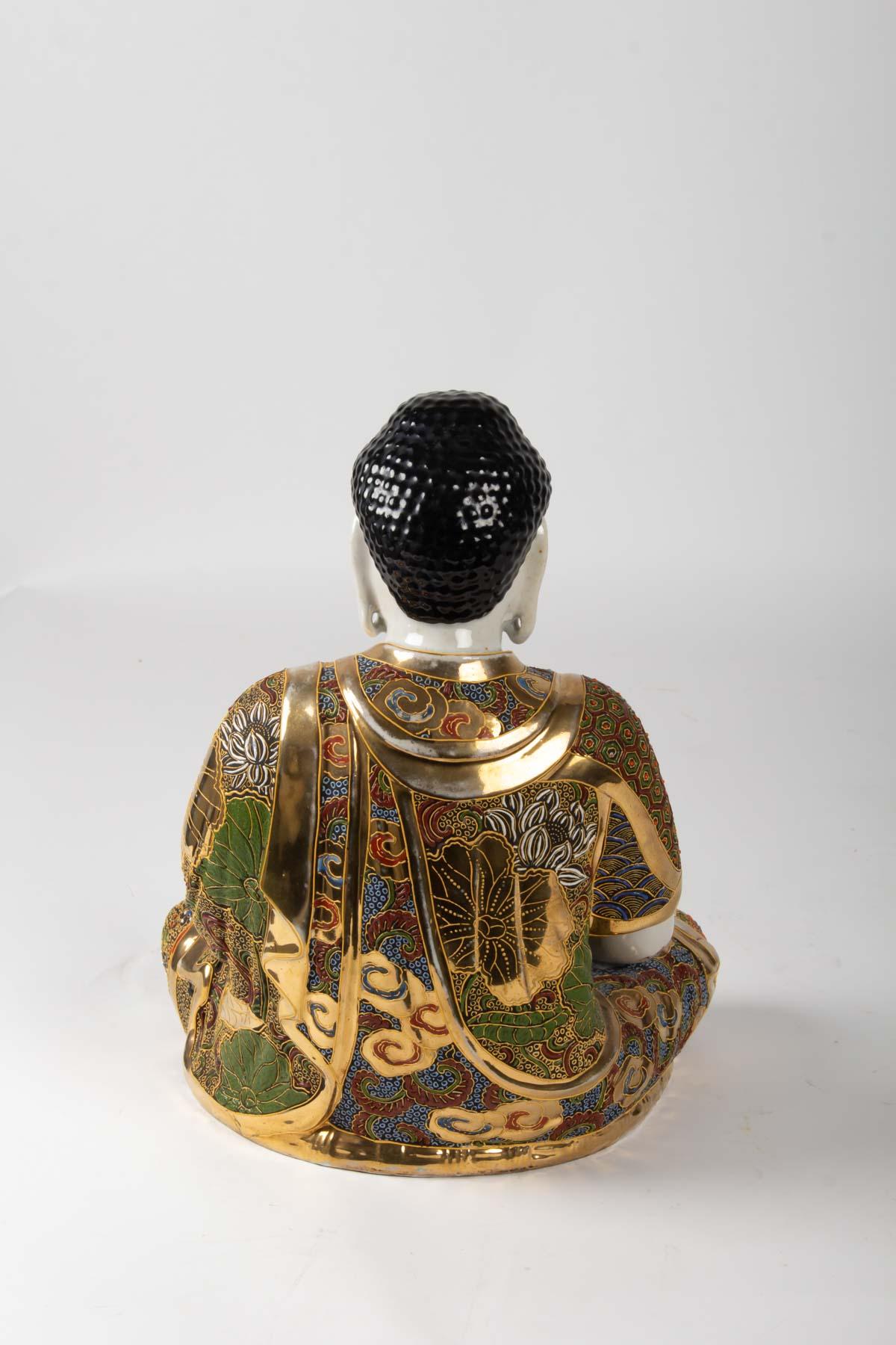 20th Century Buddha Meditation Porcelain Stazuma Decor Polychrome Lotus, 1920-1930