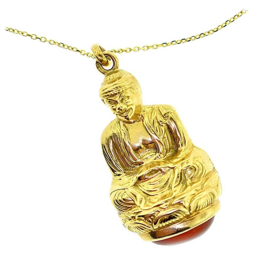 Buddha on Coral in Yellow Gold Pendant Necklace