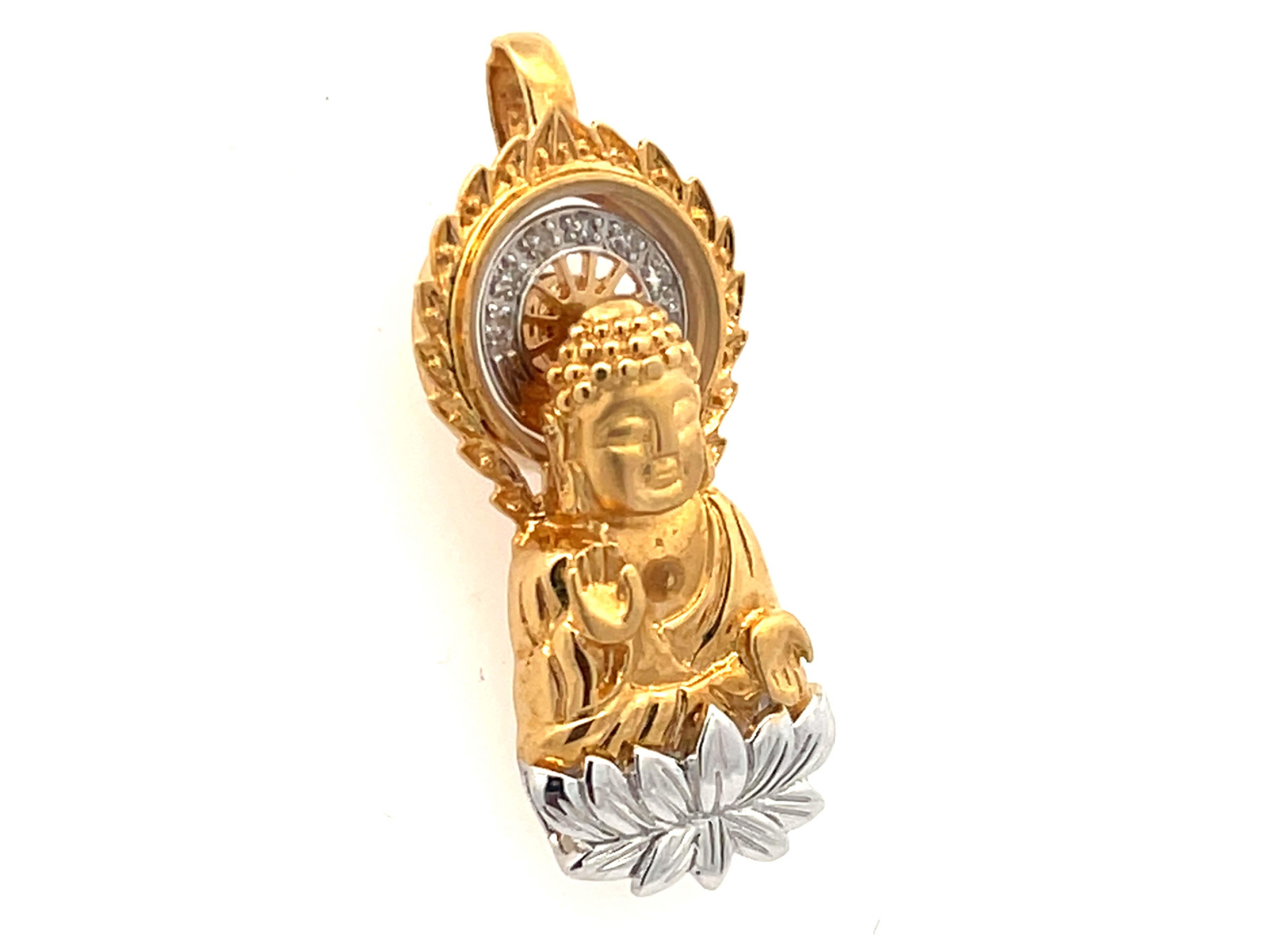 Modern Buddha on Lotus Diamond Pendant in 18k Yellow and White Gold For Sale