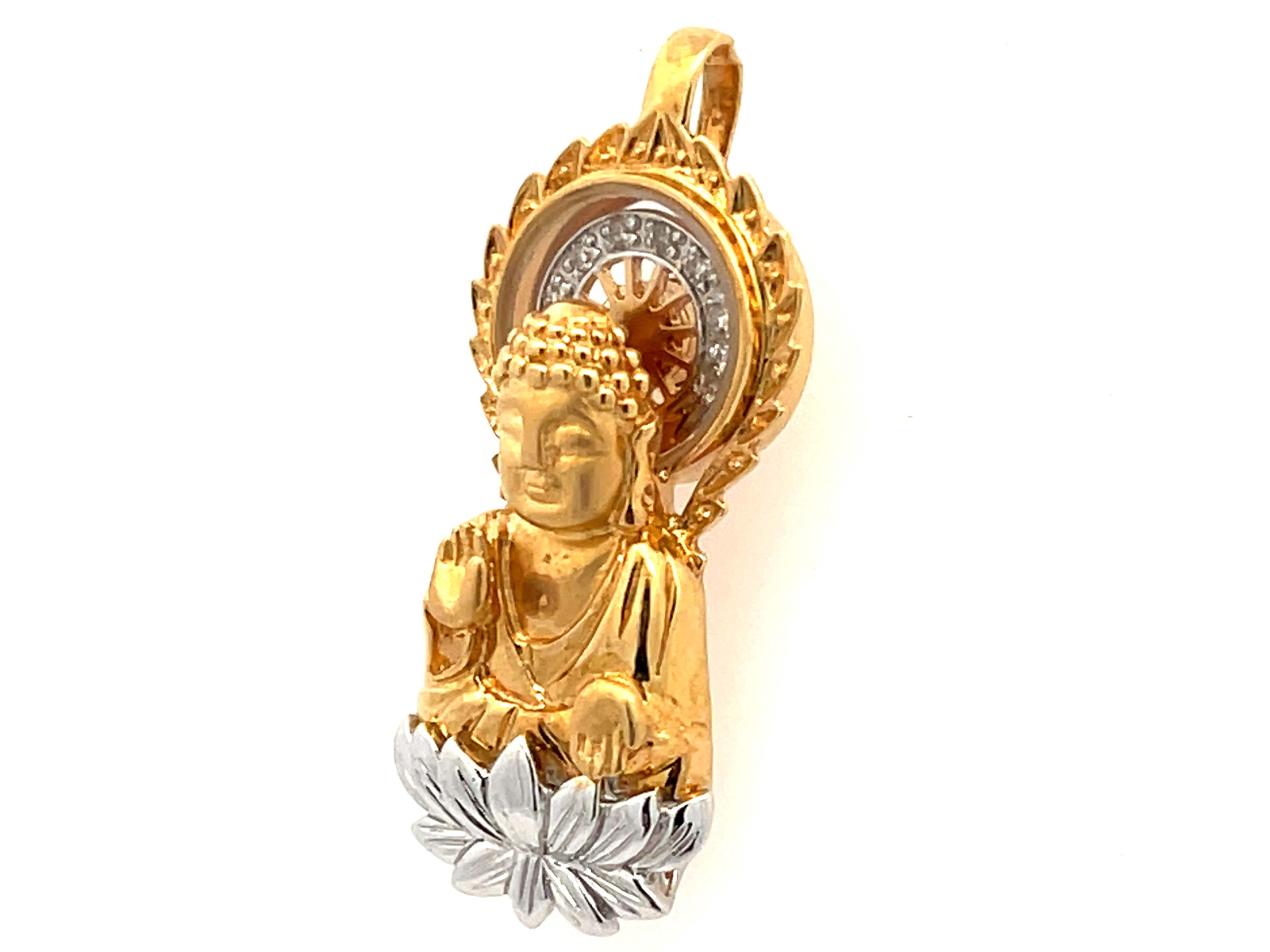 Round Cut Buddha on Lotus Diamond Pendant in 18k Yellow and White Gold For Sale