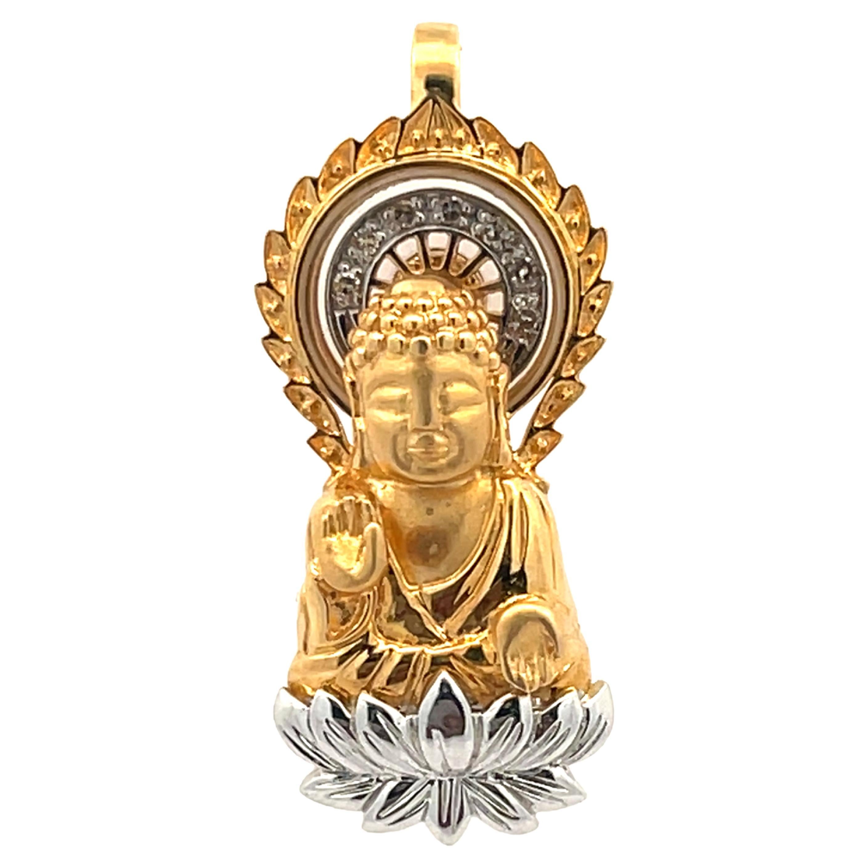 Buddha on Lotus Diamond Pendant in 18k Yellow and White Gold For Sale